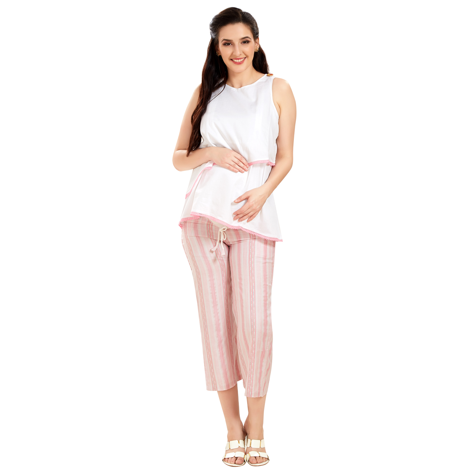 Maternity Rayon Striped Maternity Trousers - Pink - Image 2
