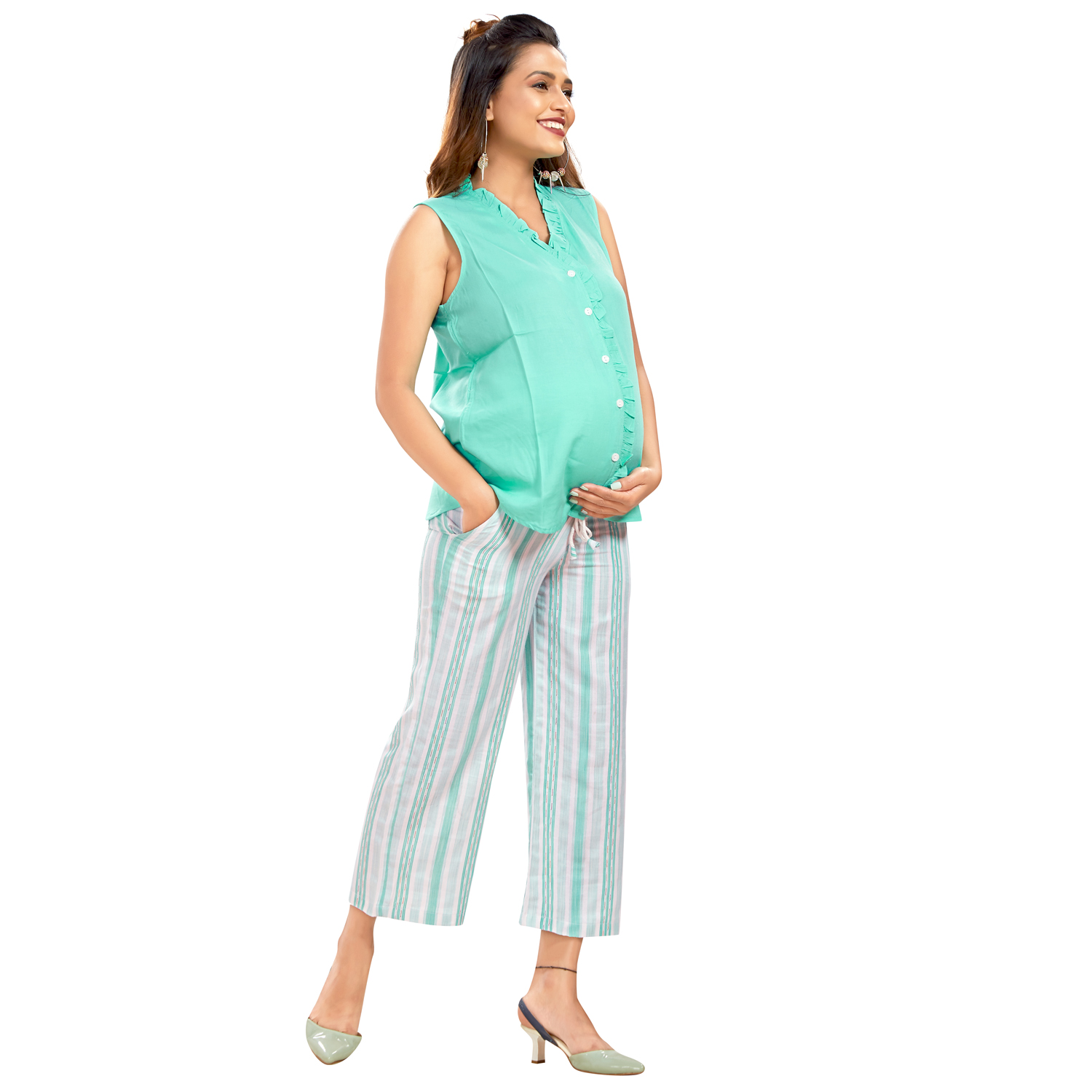 Rayon Striped Maternity Maternity Trousers - Green - Image 2