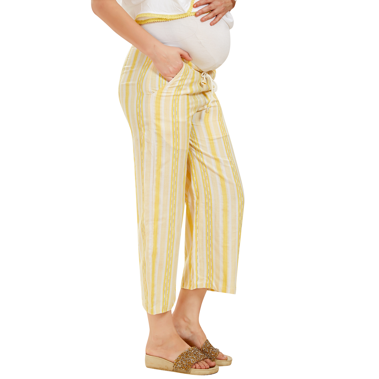 Rayon Striped Maternity Maternity Trousers - Yellow - Image 4