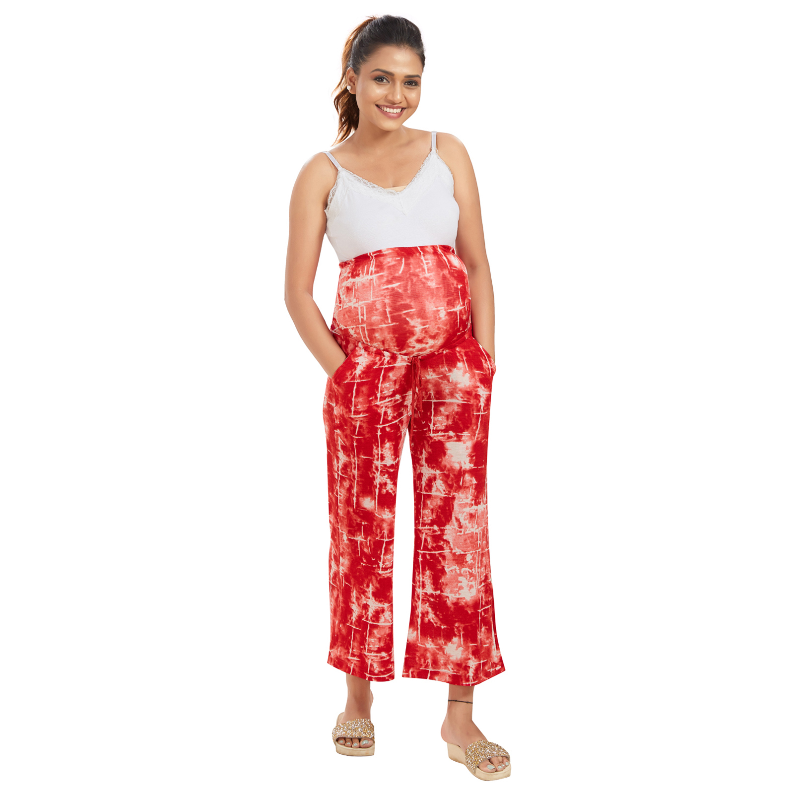 Polyester Knit Lycra Maternity Trousers - Red