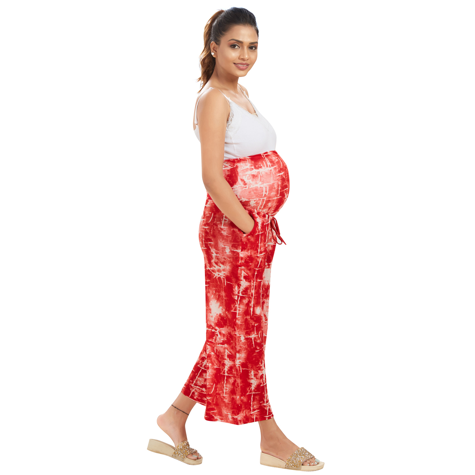 Polyester Knit Lycra Maternity Trousers - Red - Image 2