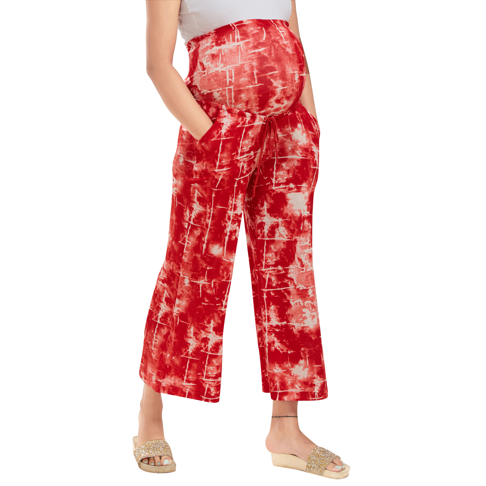 Polyester Knit Lycra Maternity Trousers - Red - Image 3
