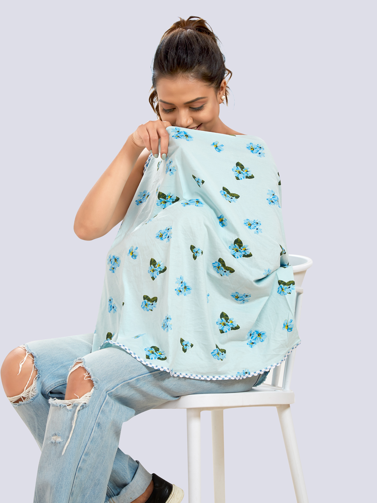 Blue Printed Cotton Maternity Wear - Blue - Image 3