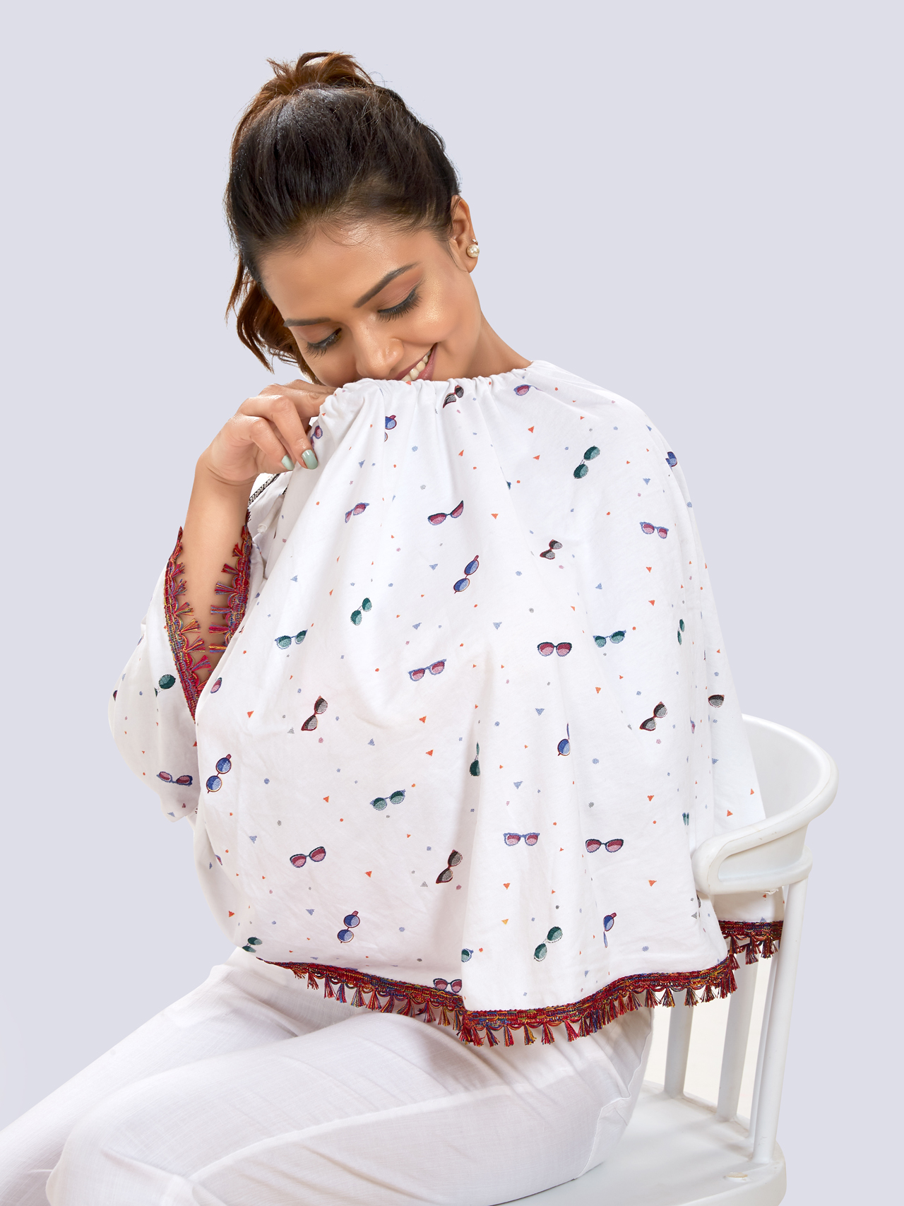 White Printed Cotton Maternity Wear - White - Image 2