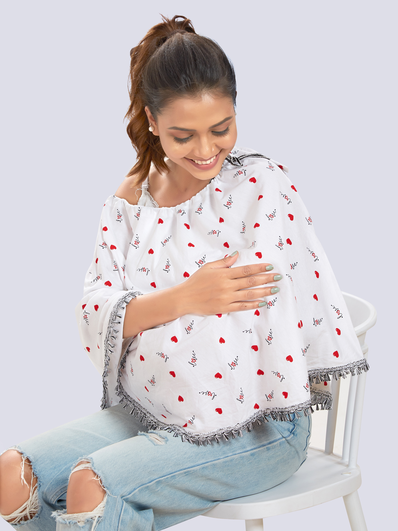 White Printed Cotton Maternity Wear - White - Image 2