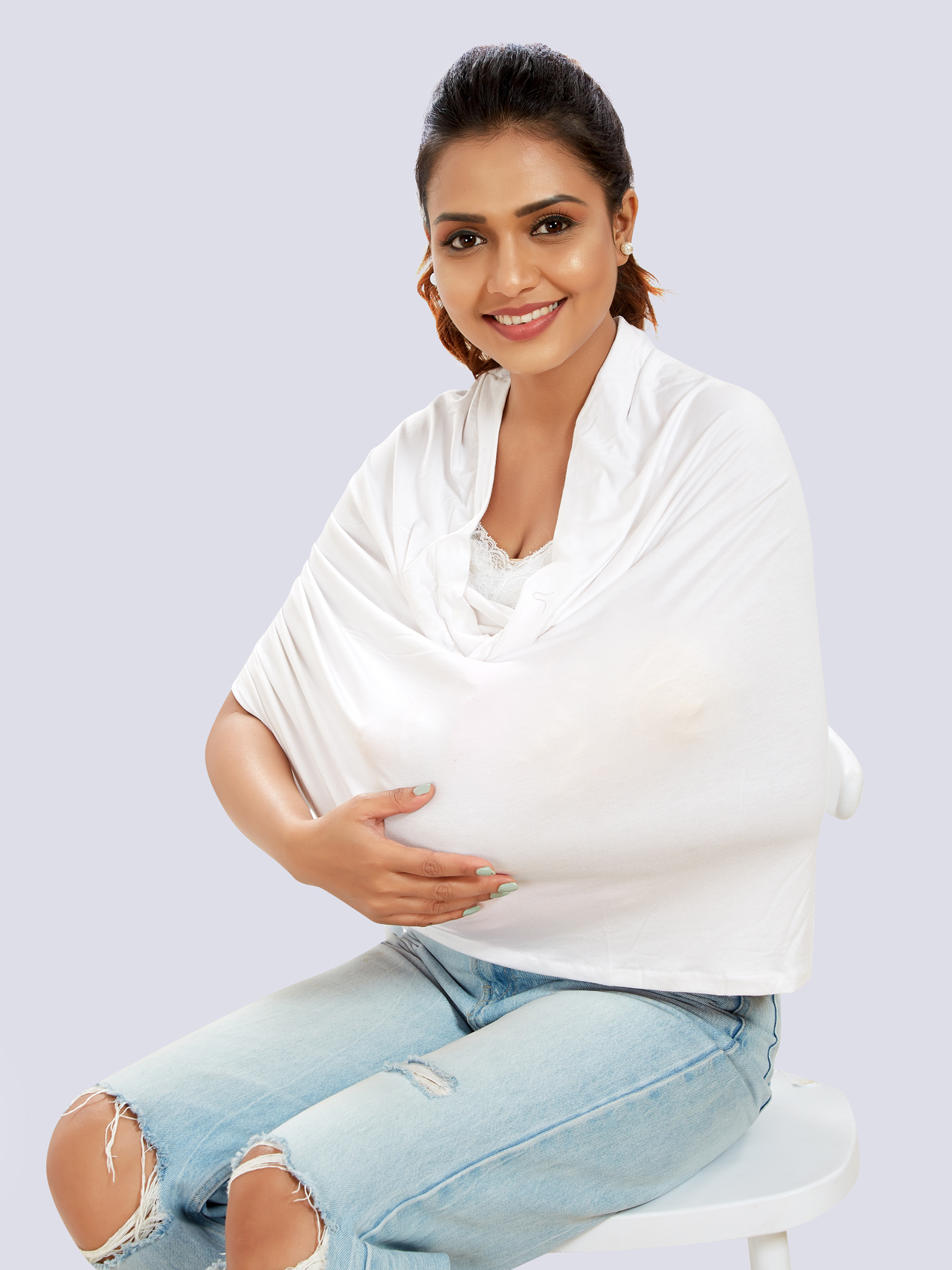 White Cotton Lycra Maternity Wear - White - Image 3
