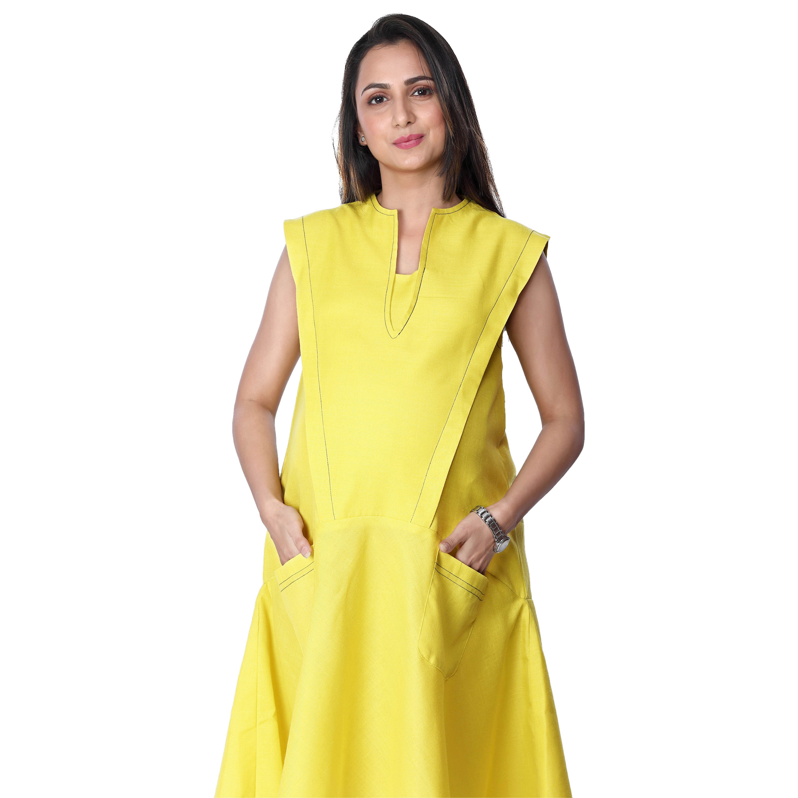 Lemon Yellow Cotton Maternity Dress - Red - Image 3