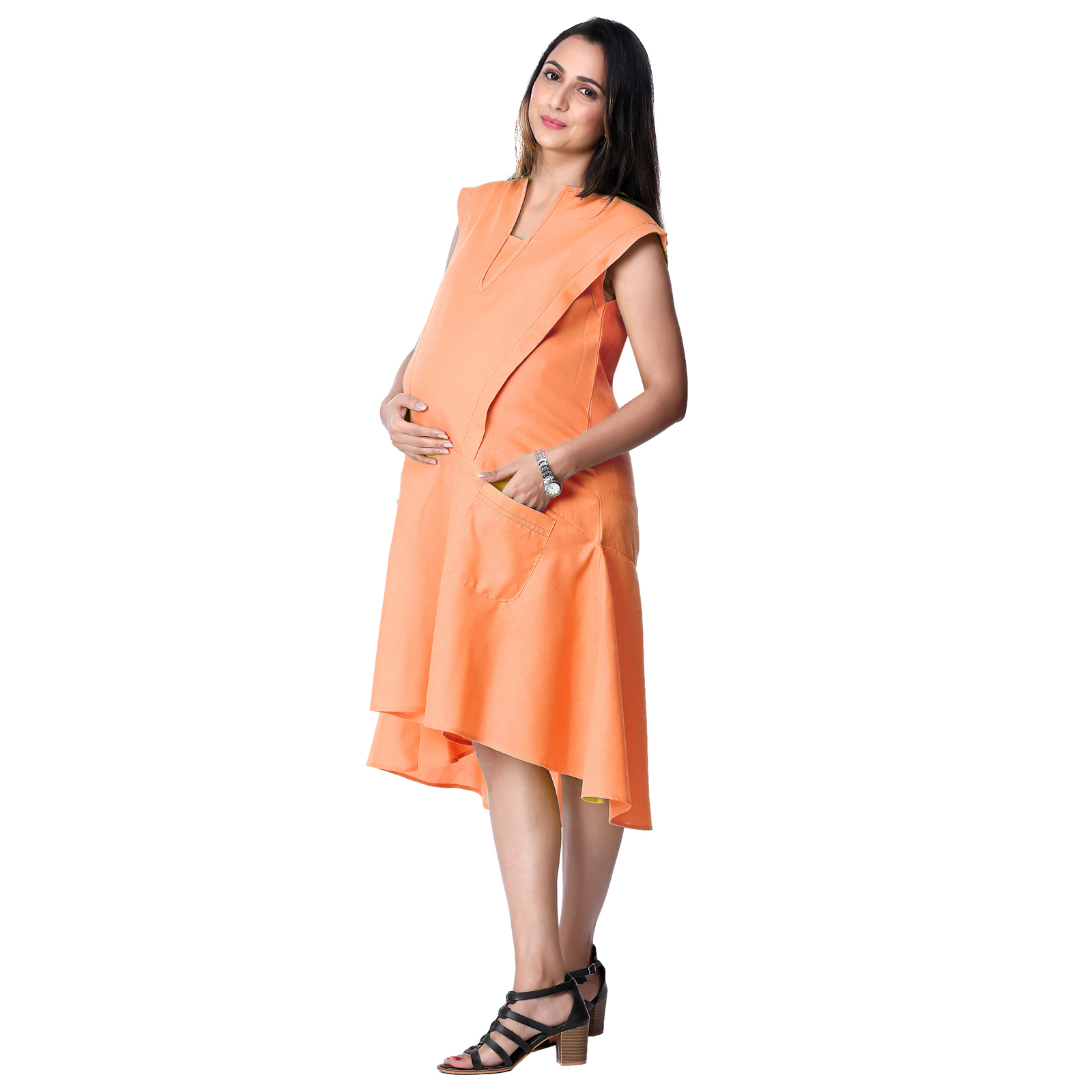 Peach Cotton Linen Maternity Dress - Peach