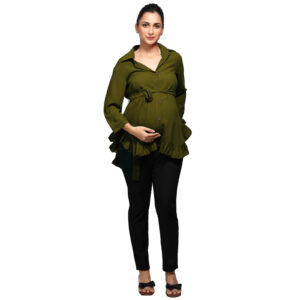 Olive Green Frilldetail Maternity Shirt - Green