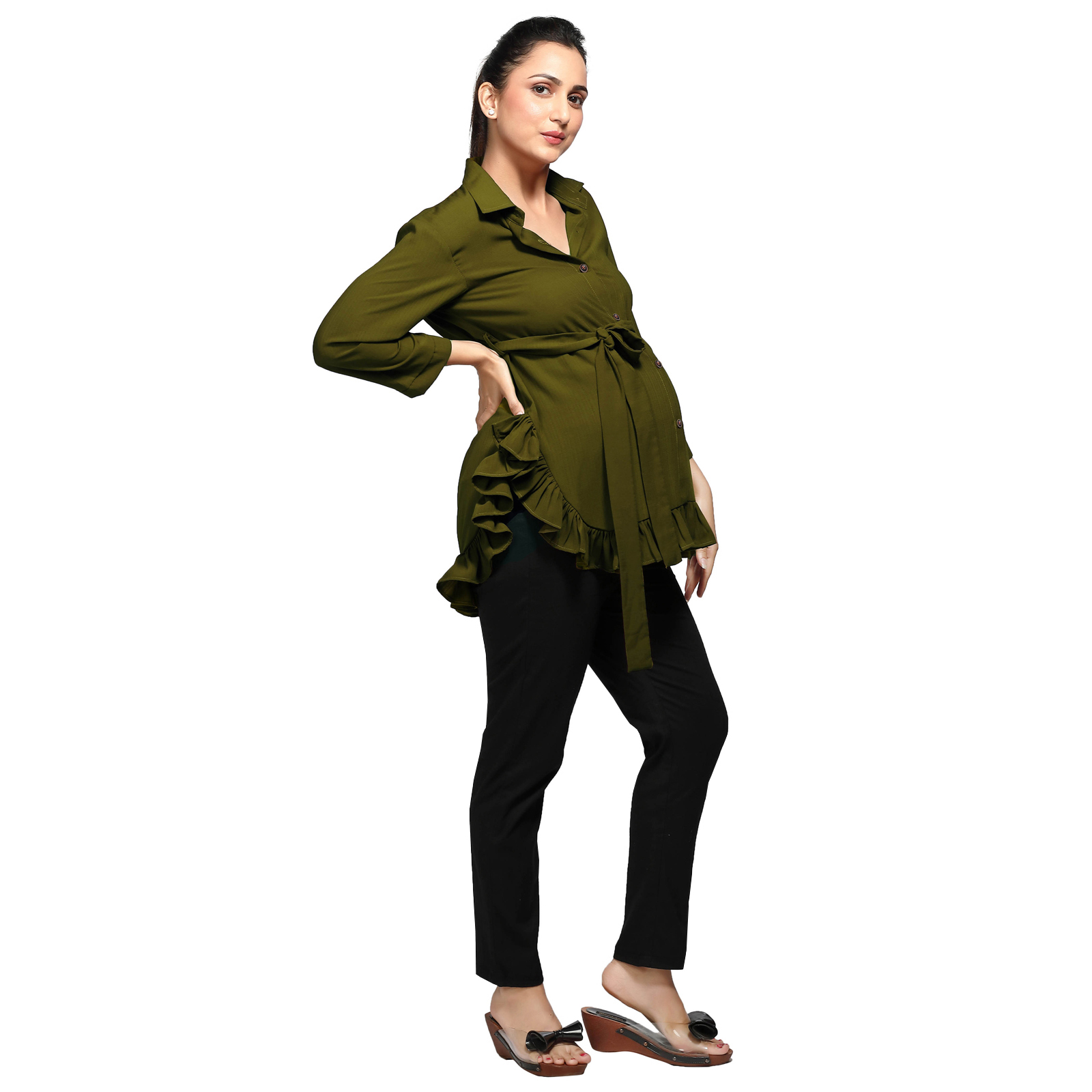 Olive Green Frilldetail Maternity Shirt - Green - Image 2