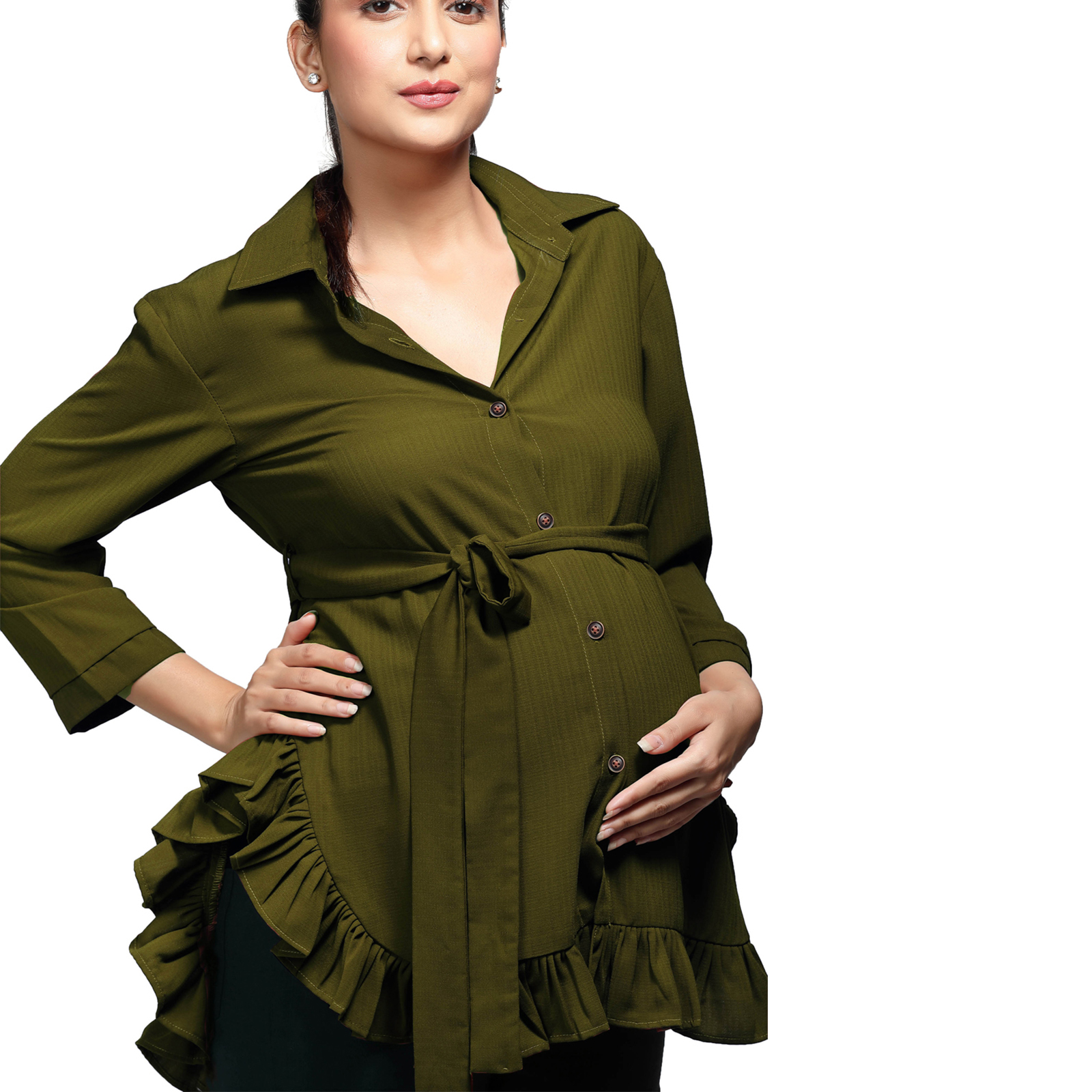 Olive Green Frilldetail Maternity Shirt - Green - Image 3