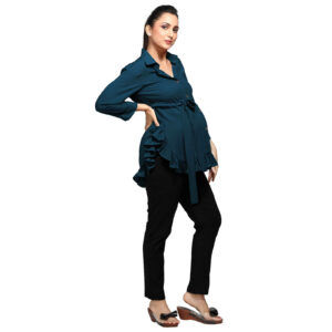 Teal Blue Frilldetail Maternity Shirt - Blue