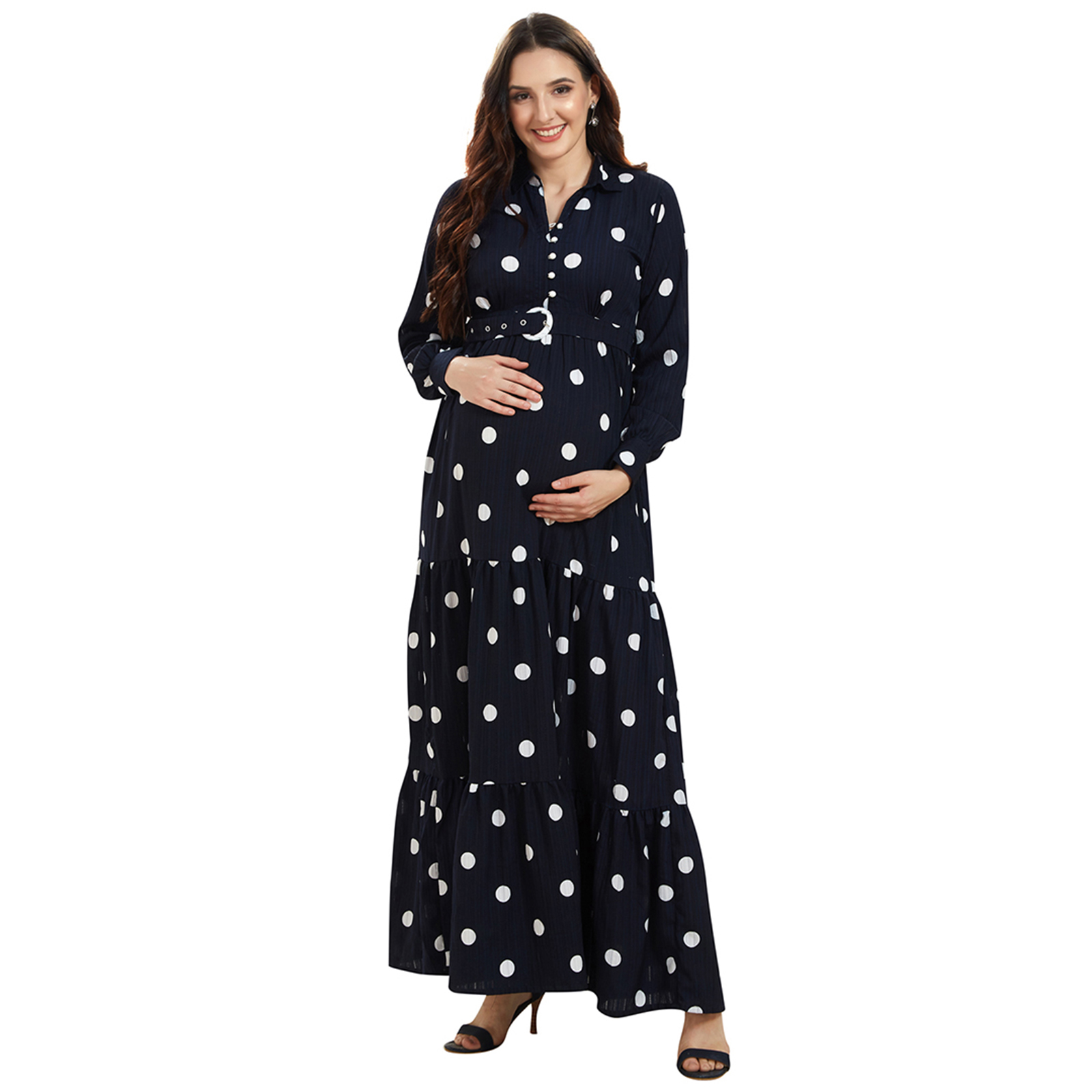 Navy Blue Polka Maternity Dress - Blue