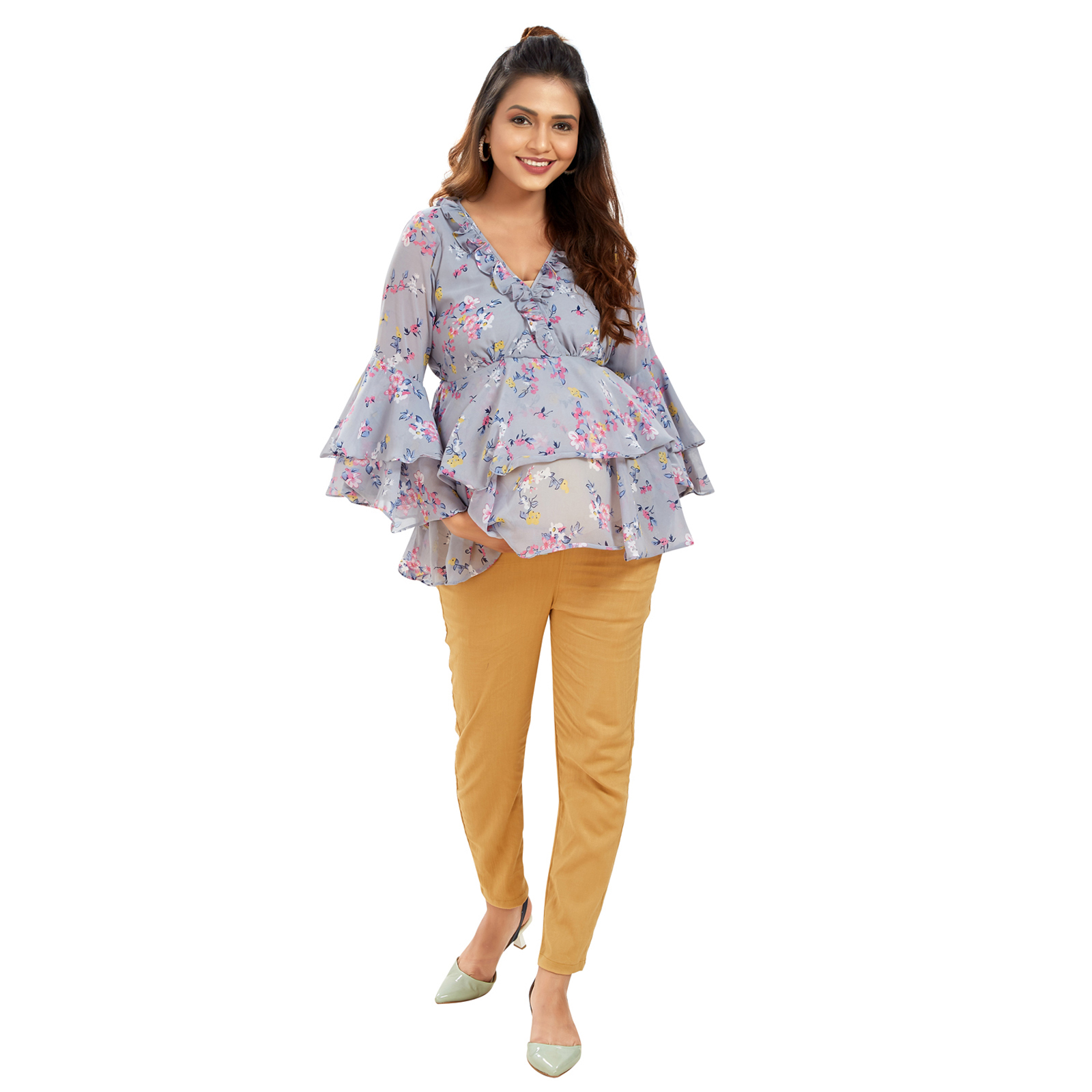 Floral Georgette Layered Maternity Top - Grey