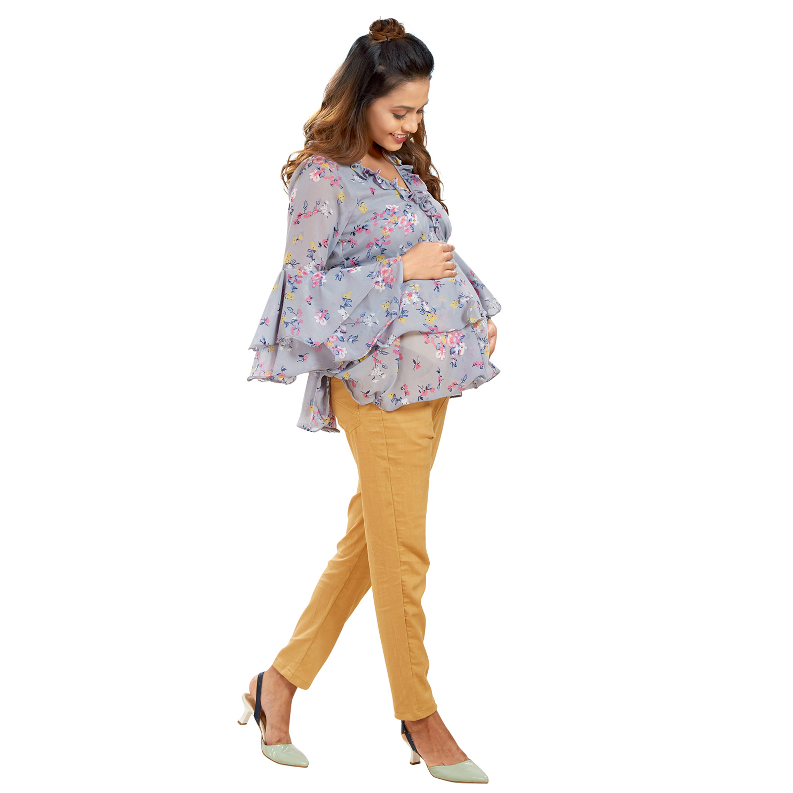 Floral Georgette Layered Maternity Top - Grey - Image 2