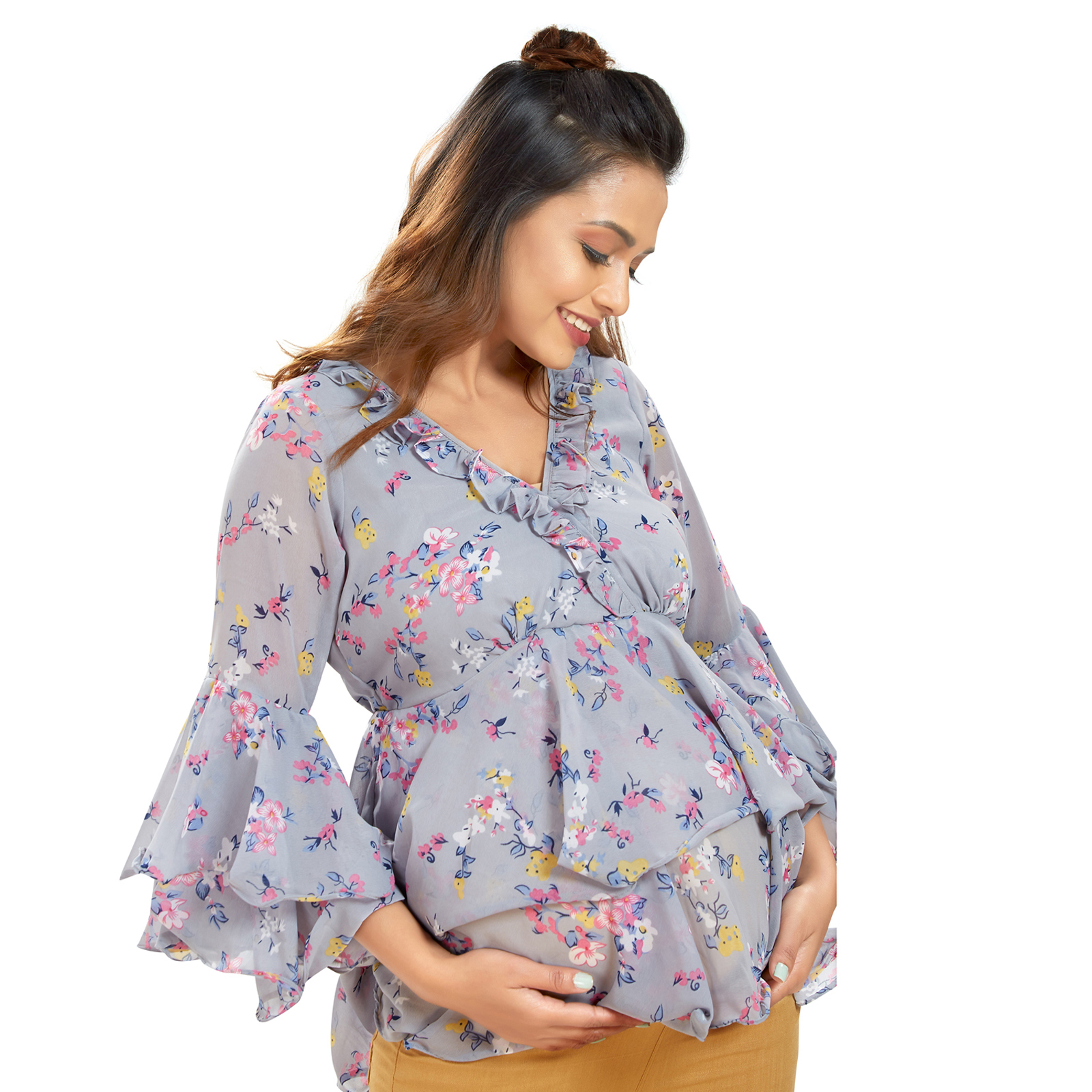 Floral Georgette Layered Maternity Top - Grey - Image 3