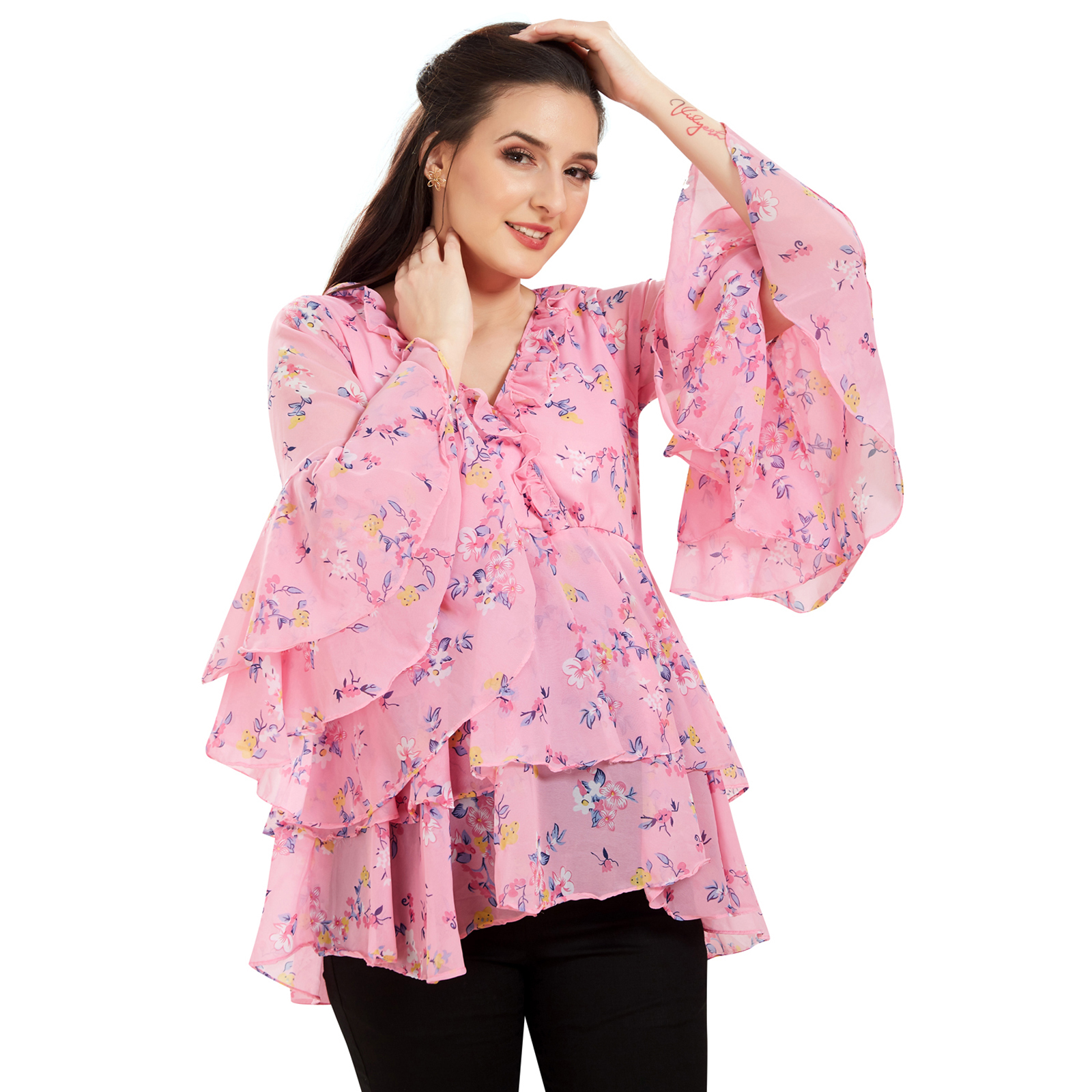 Floral Printed Georgette Maternity Top - Pink - Image 3