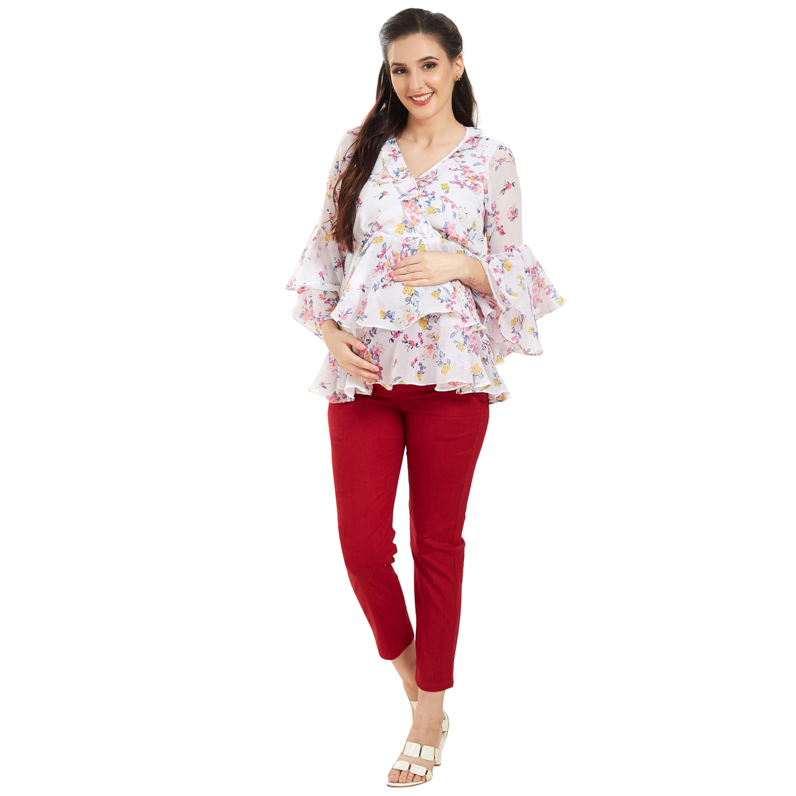 Floral Georgette Layered Maternity Top - Red