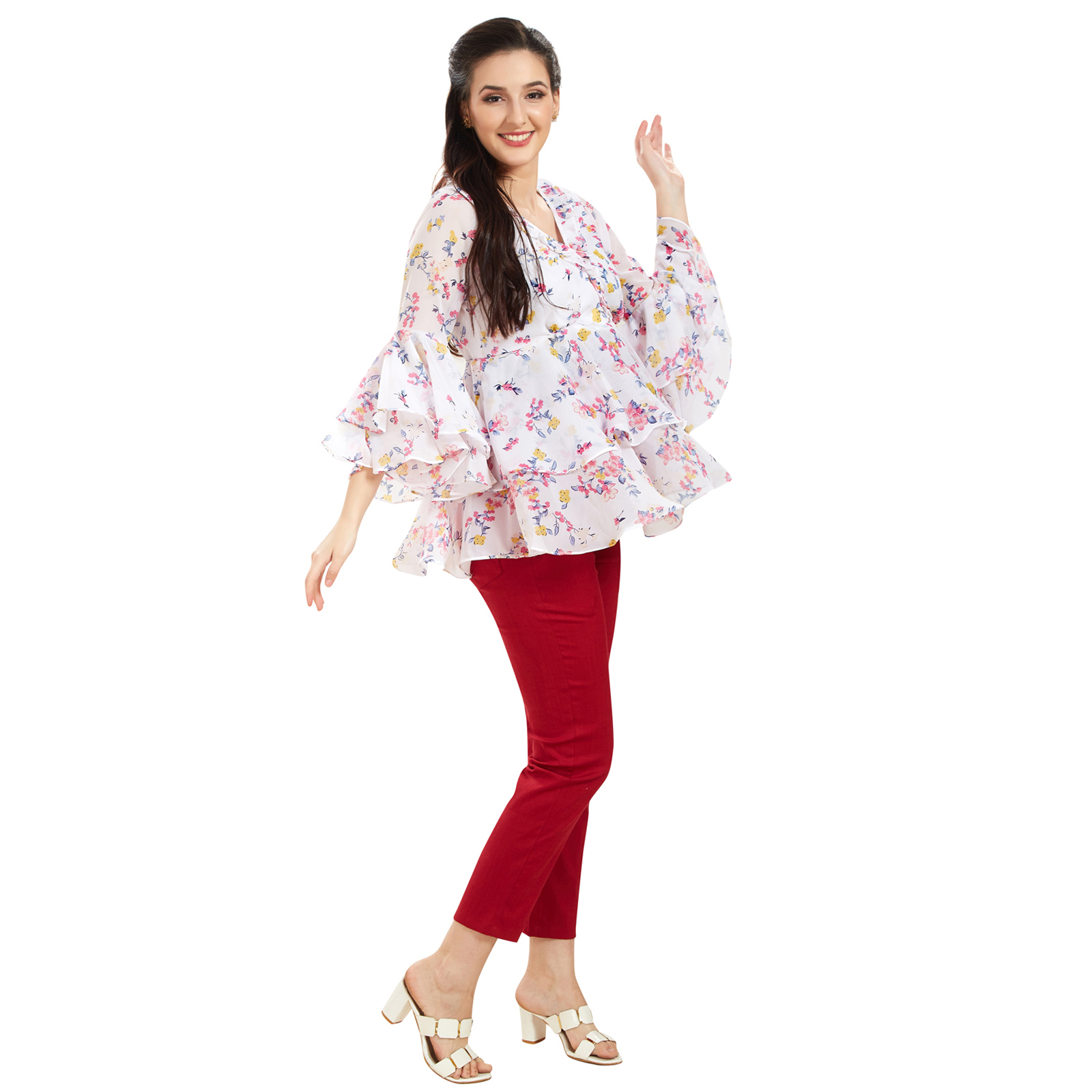 Floral Georgette Layered Maternity Top - Red - Image 2