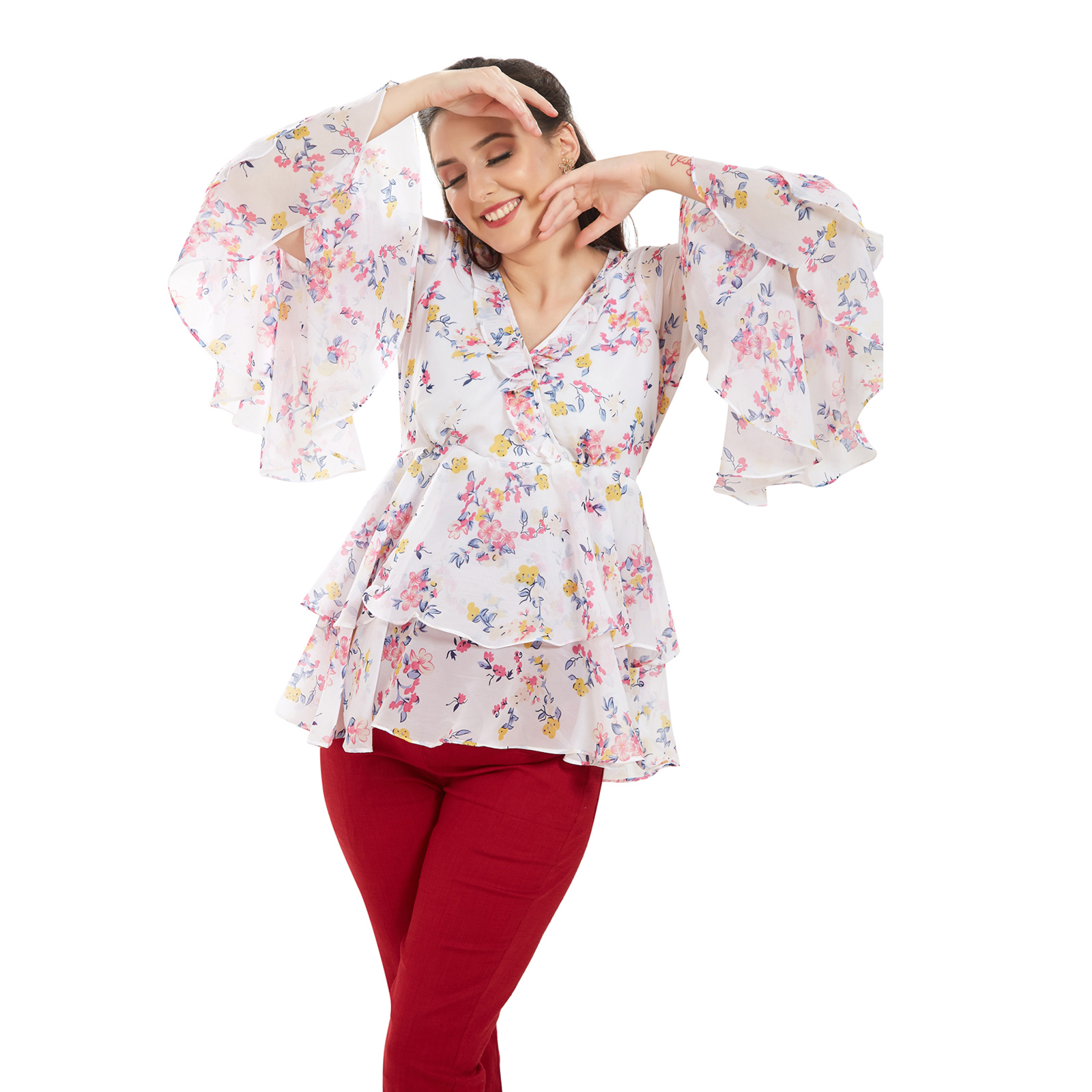 Floral Georgette Layered Maternity Top - Red - Image 3