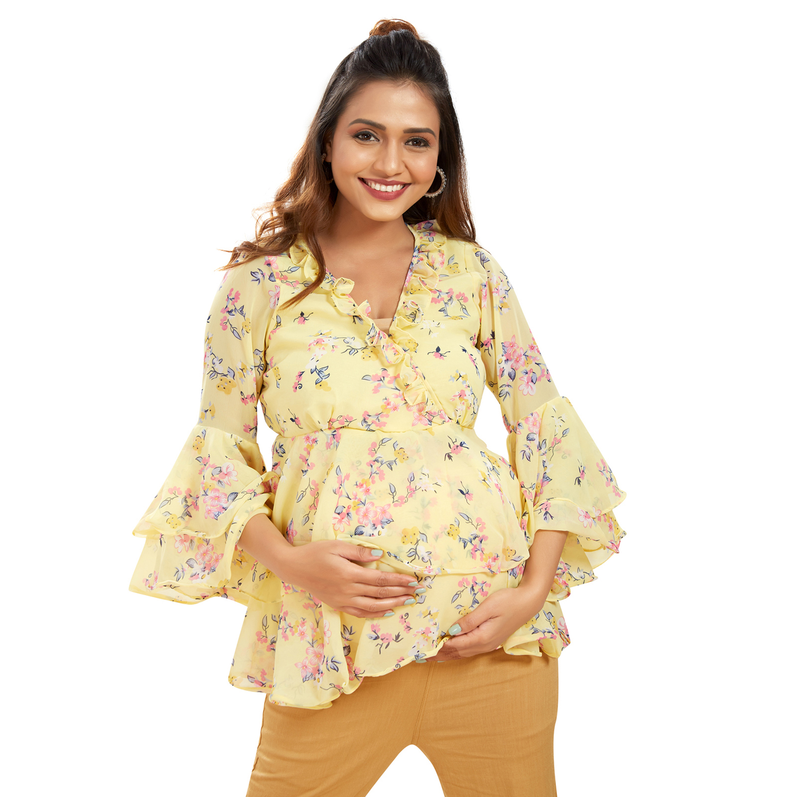 Floral Printed Georgette Maternity Top - Red - Image 3