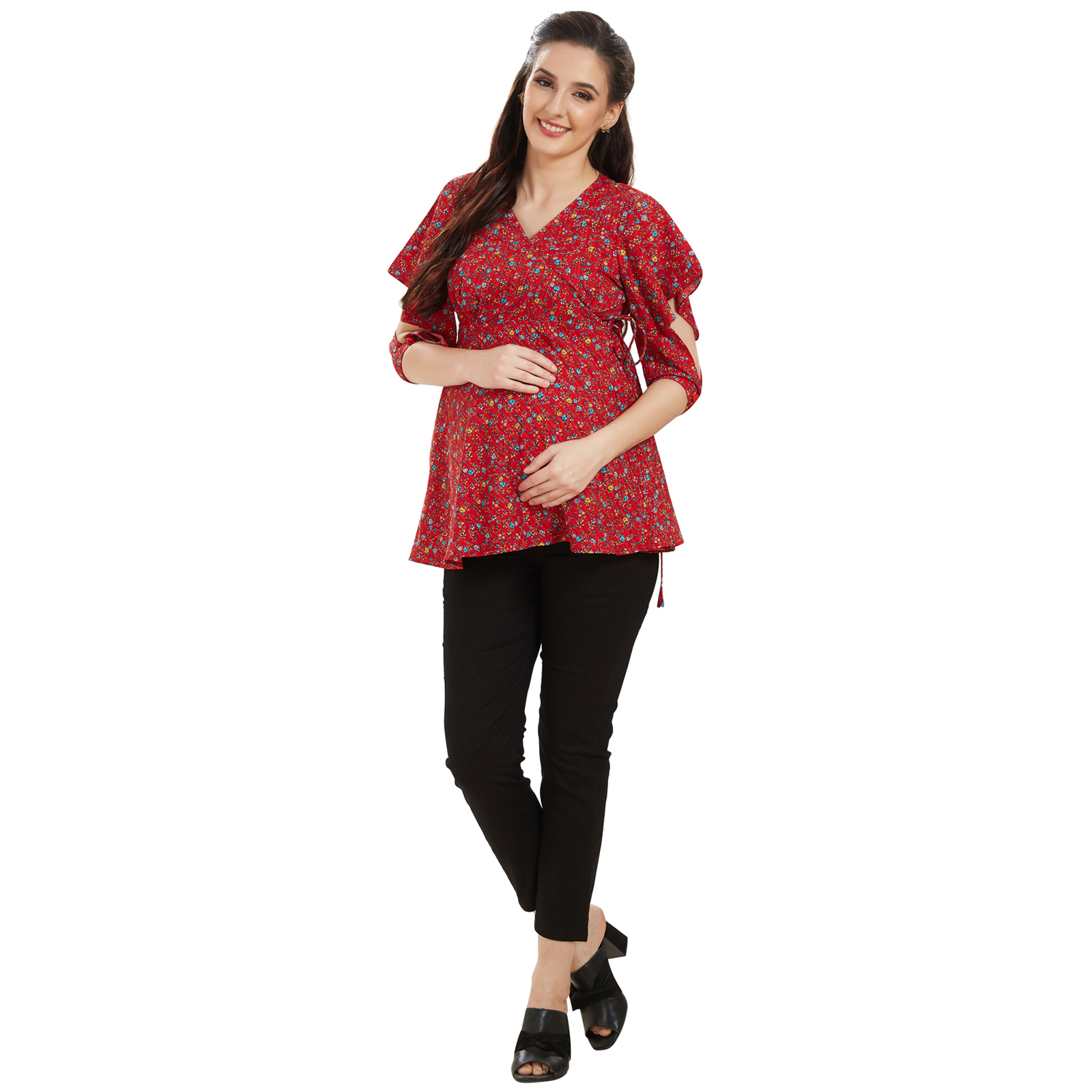 Maroon Overlap Tieup Maternity Top - Maroon - Image 2