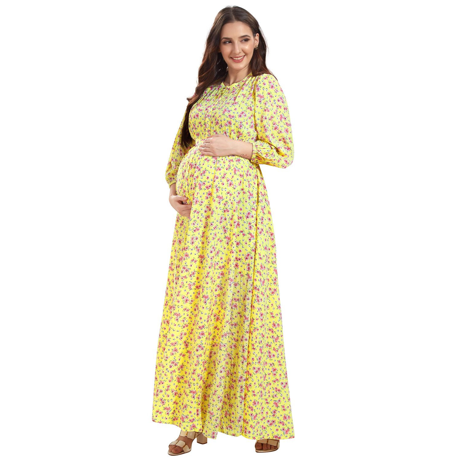 Yellow Soft Rayon Maternity Dress - Red