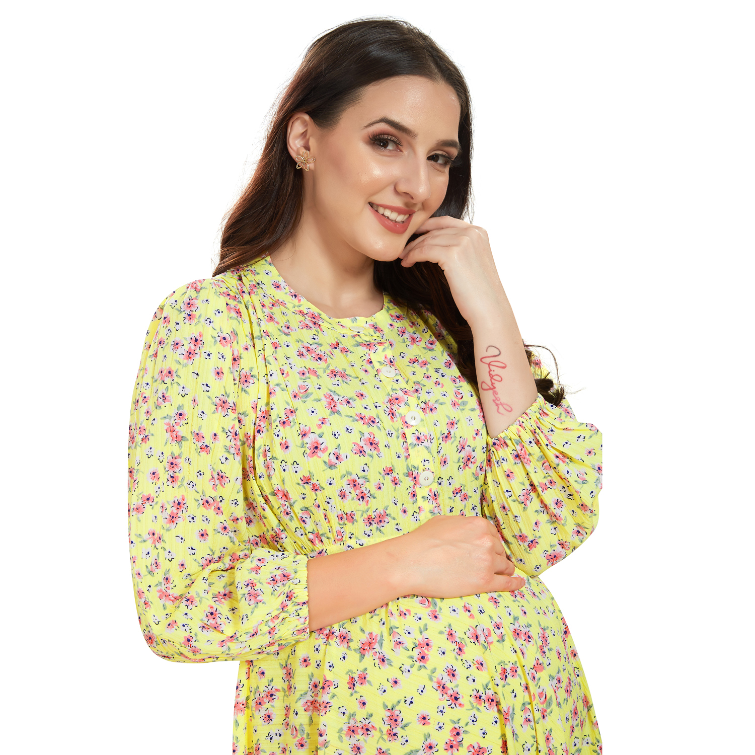 Yellow Soft Rayon Maternity Dress - Red - Image 3