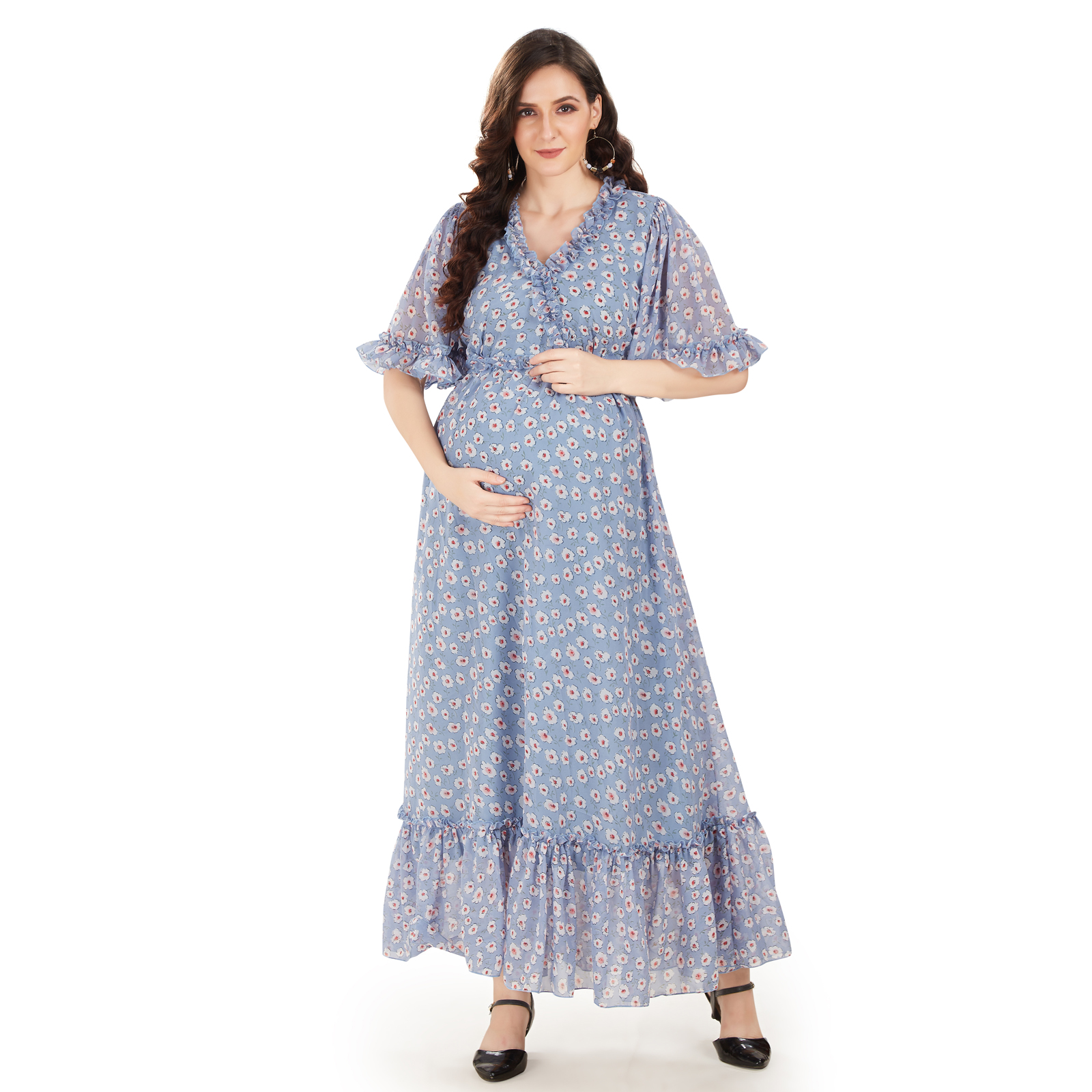 Florentine Blue Georgette Maternity Dress - Blue