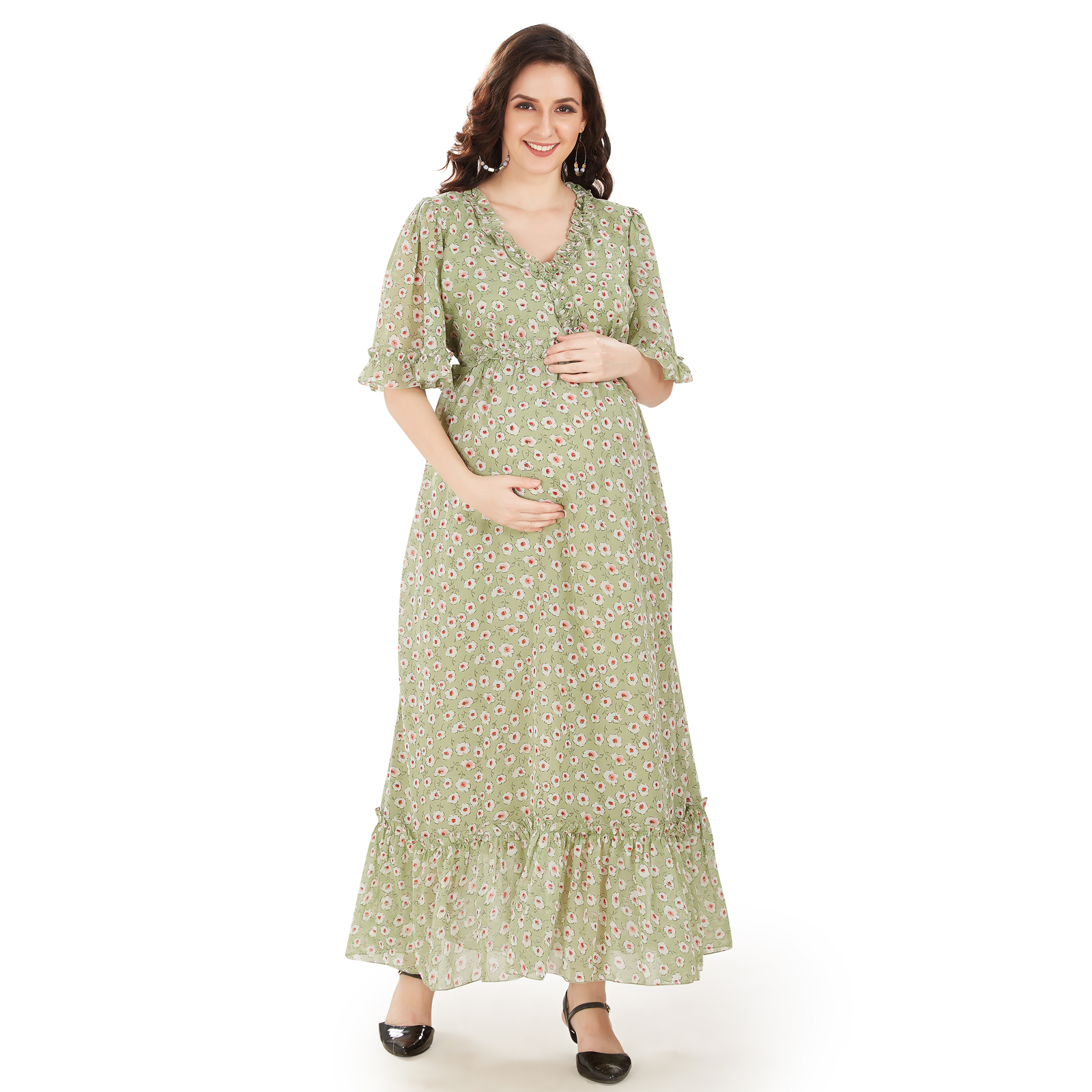 Green Georgette Fulllength Maternity Dress - Green
