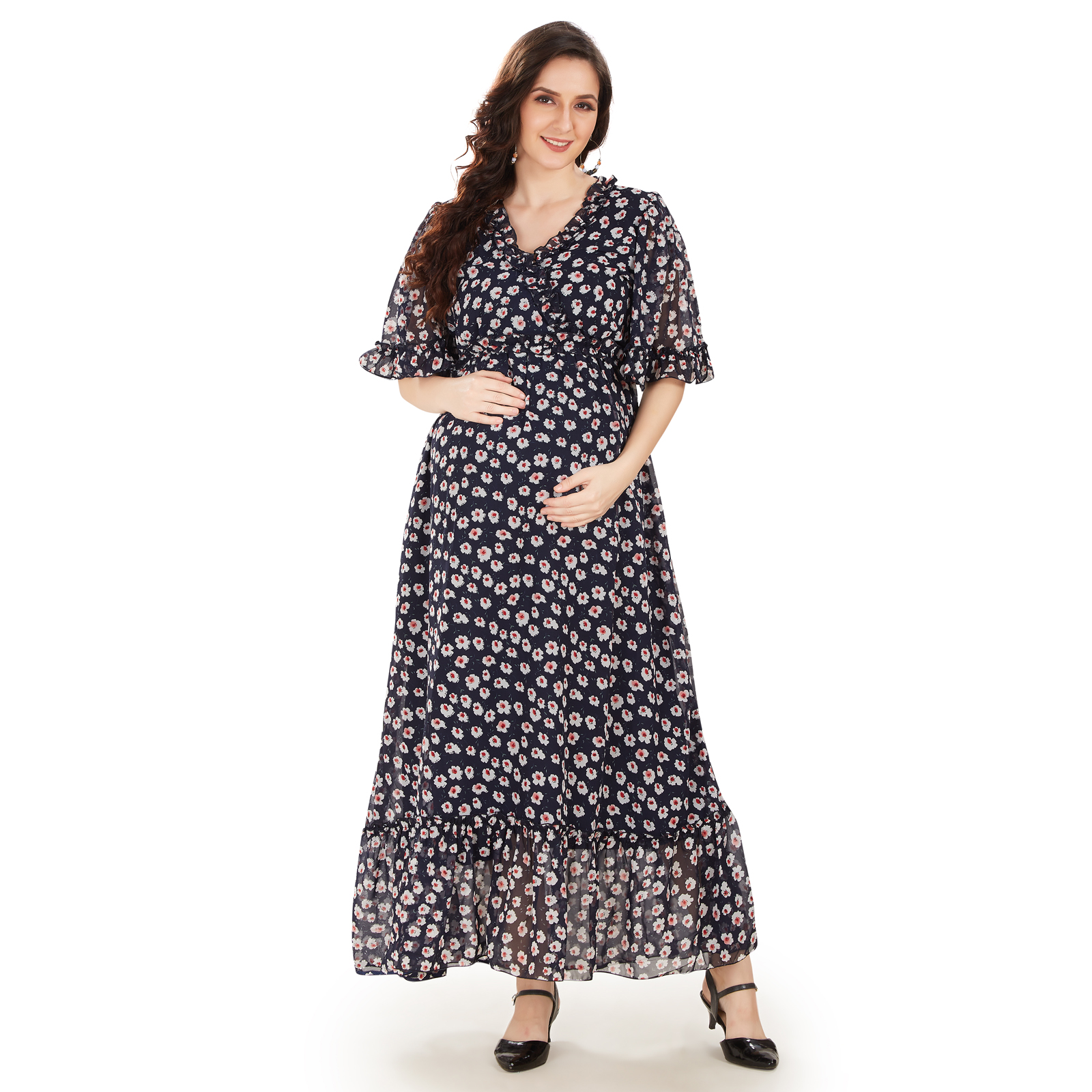 Navy Blue Georgette Maternity Dress - Blue