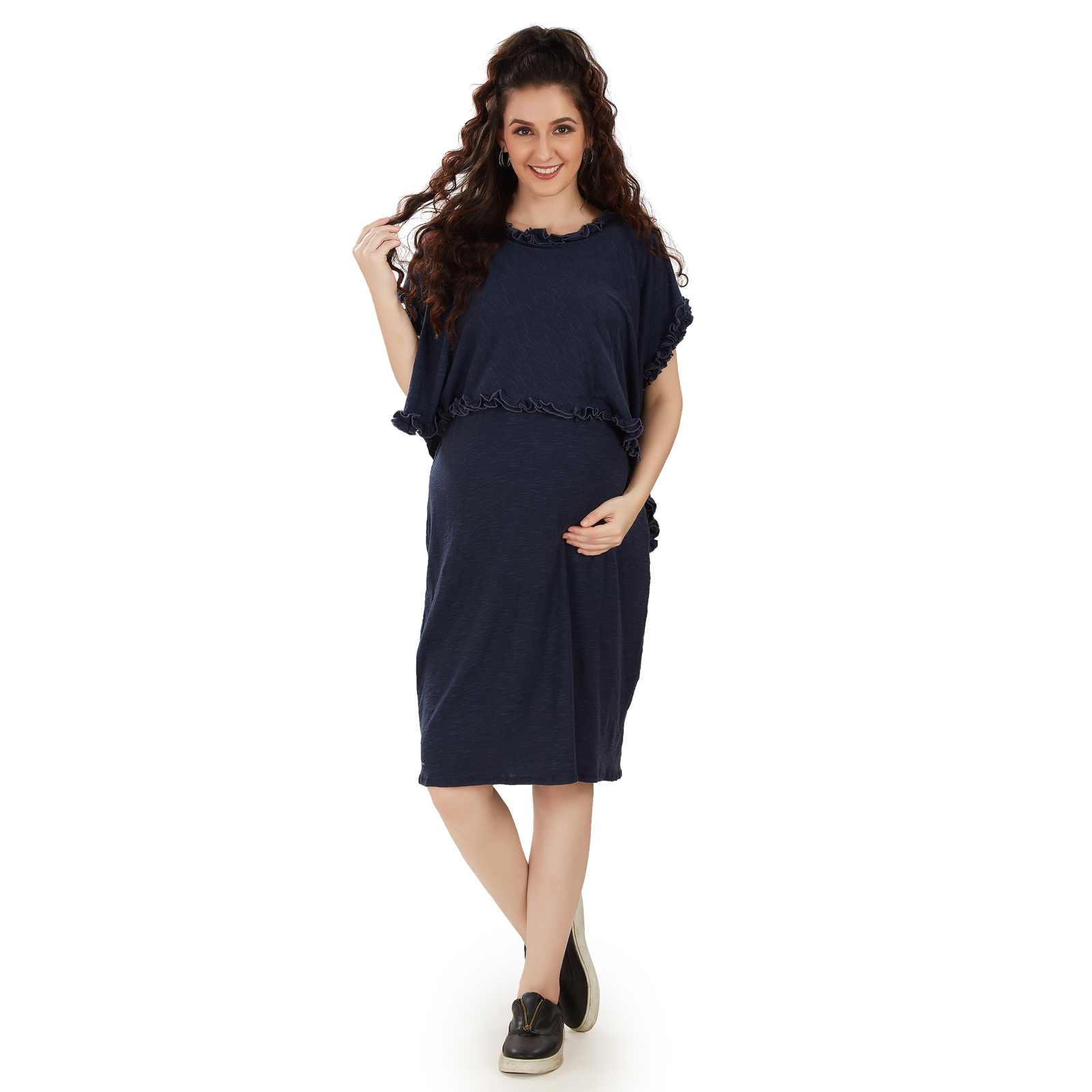 Navy Blue Cotton Maternity Dress - Blue