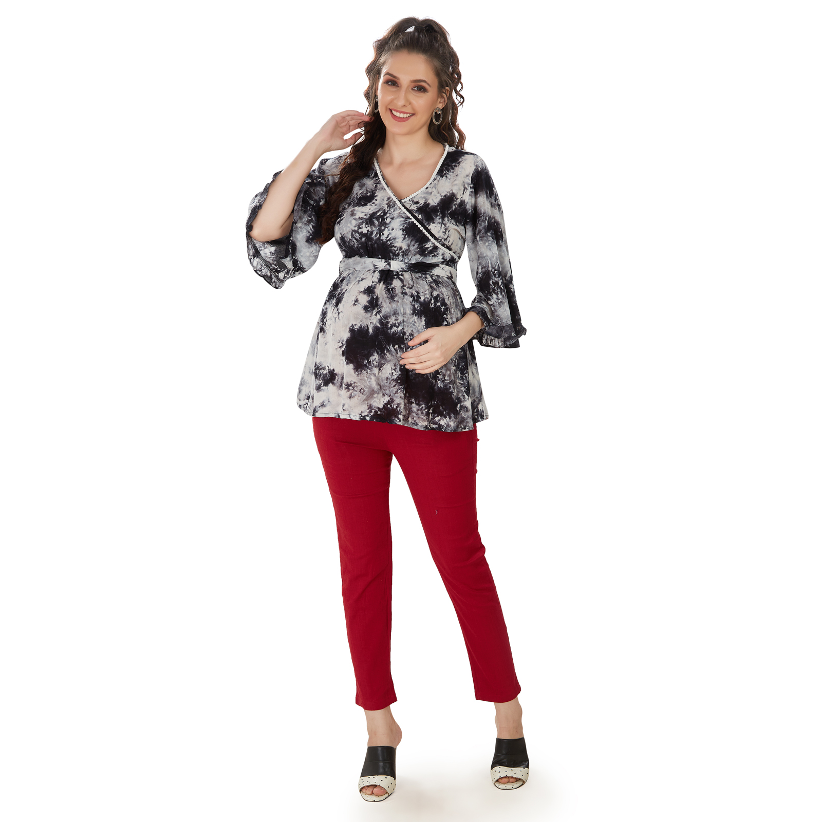 Black White Tiedye Maternity Top - Black