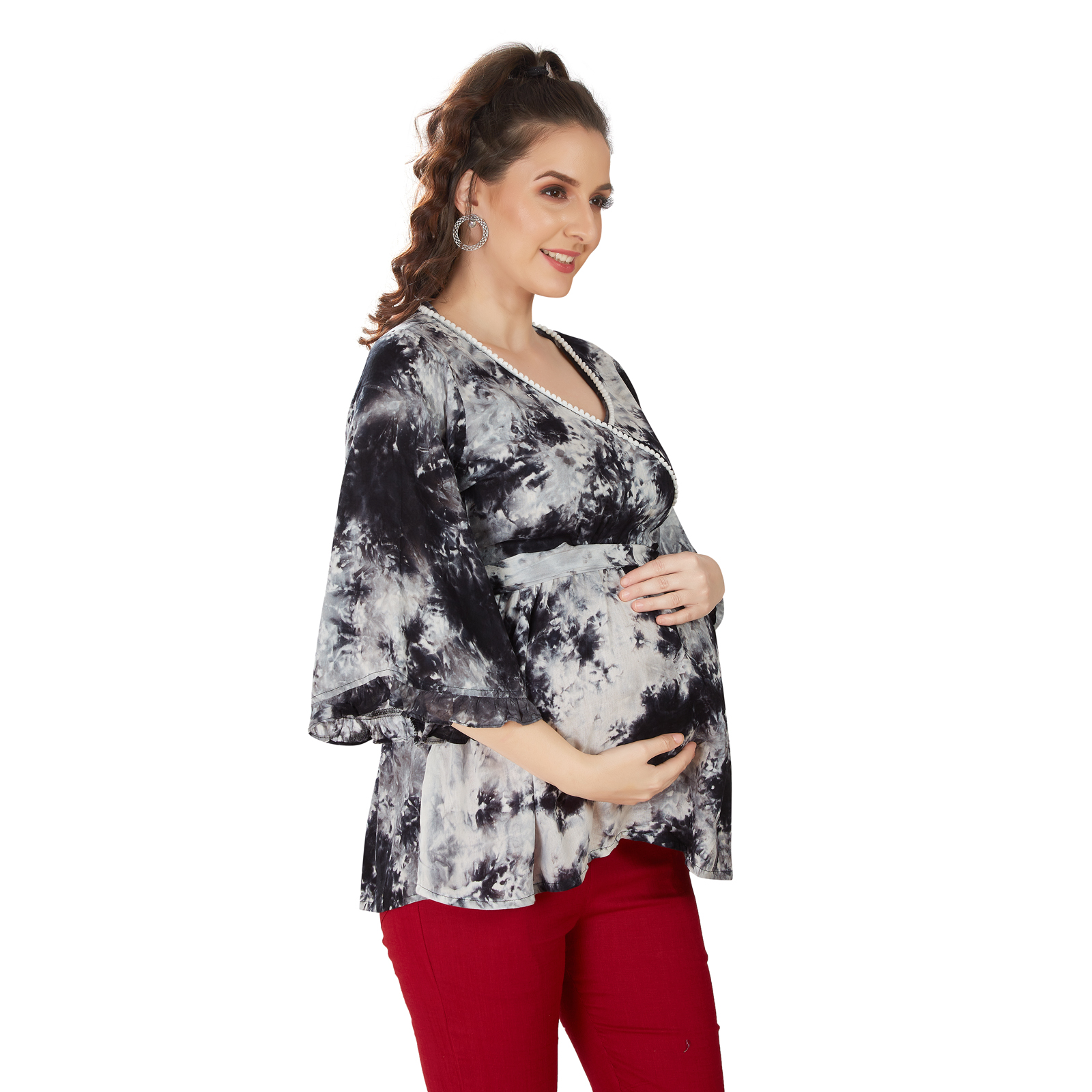 Black White Tiedye Maternity Top - Black - Image 3