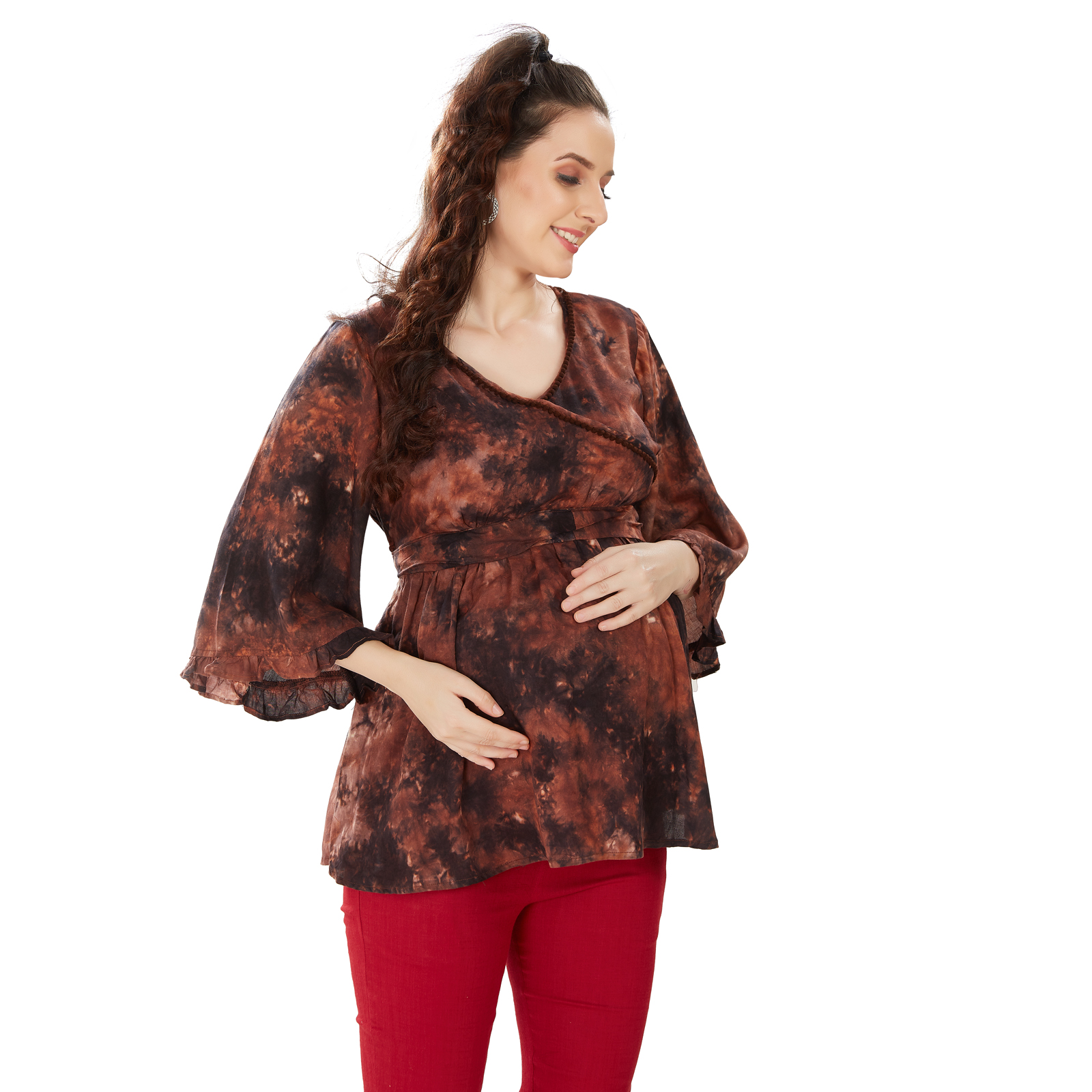 Chocolate Brown Tiedye Maternity Top - Brown - Image 2