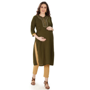 Olive Green Goldembroidered Maternity Kurta - Green