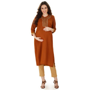 Rust Goldembroidered Crepe Maternity Kurta - Red
