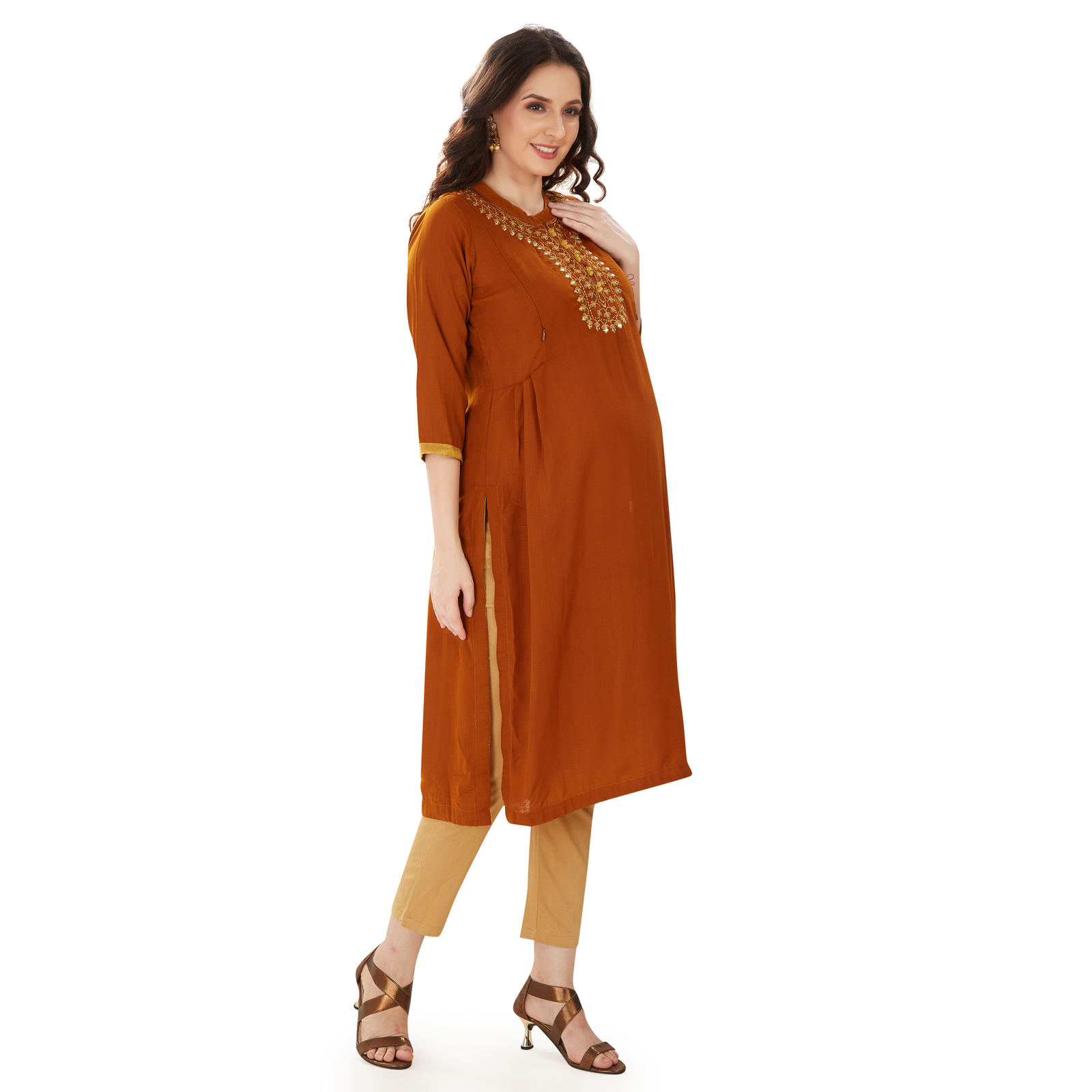 Rust Goldembroidered Crepe Maternity Kurta - Red - Image 2