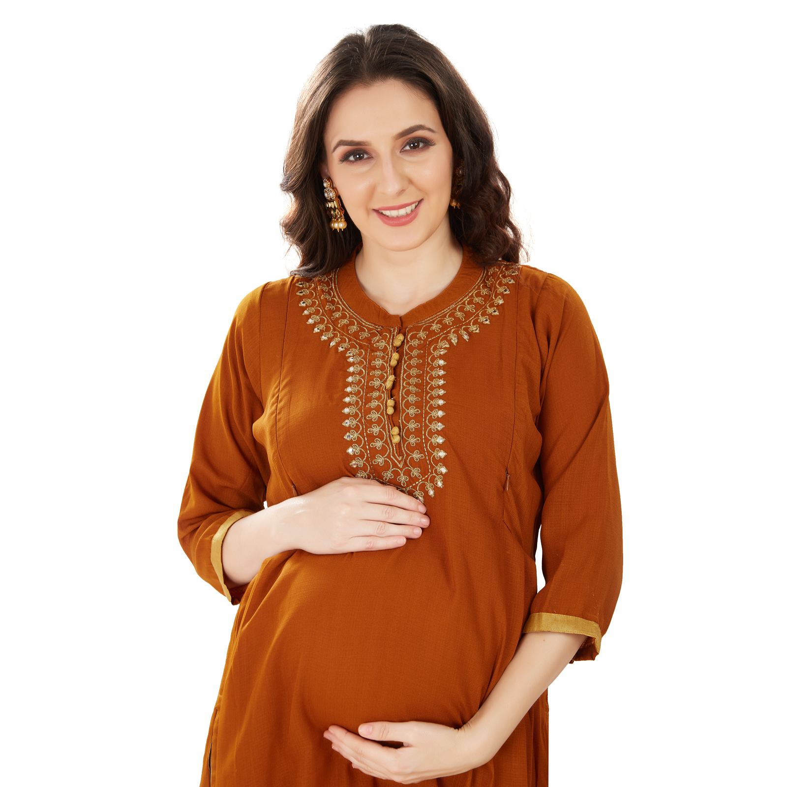 Rust Goldembroidered Crepe Maternity Kurta - Red - Image 3