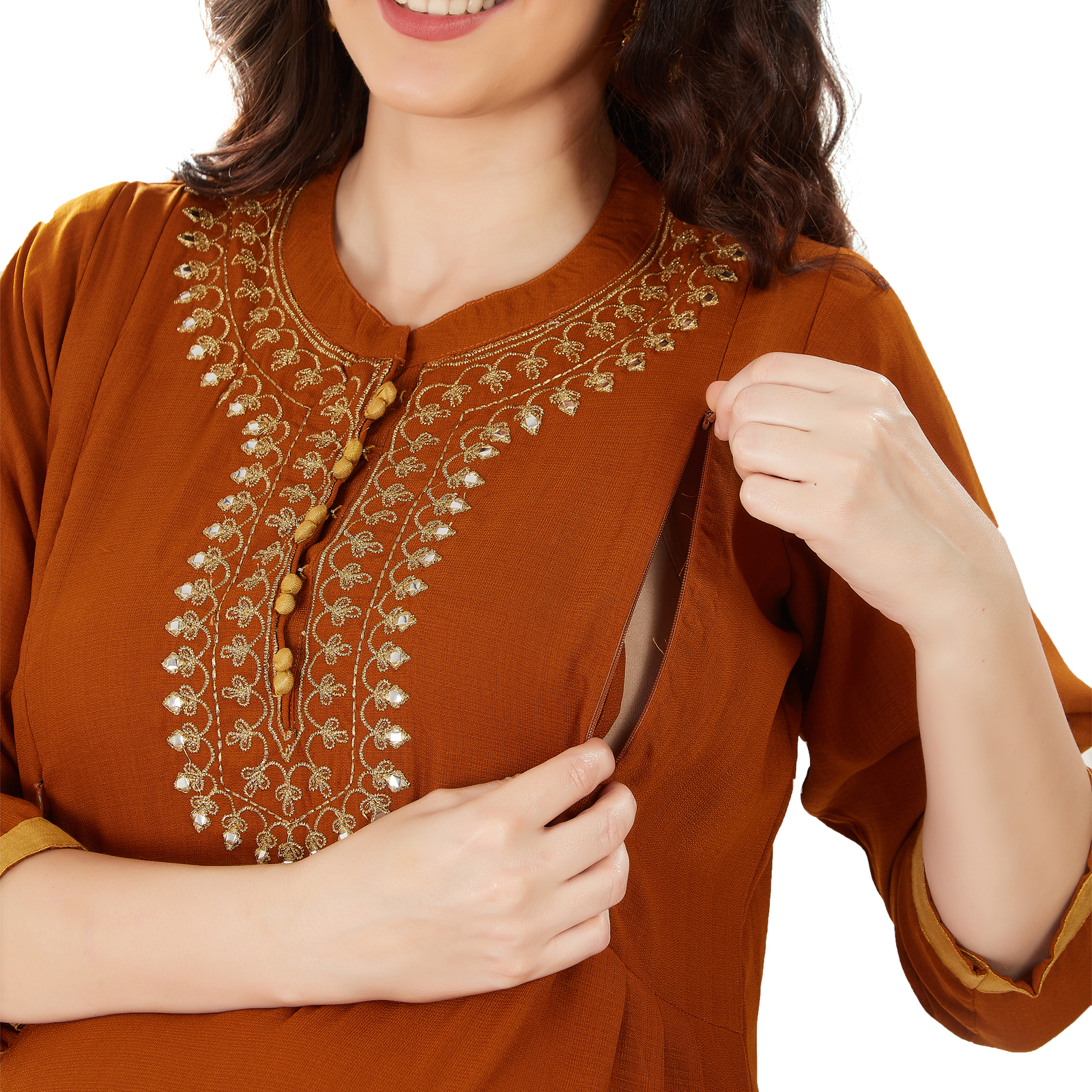 Rust Goldembroidered Crepe Maternity Kurta - Red - Image 4