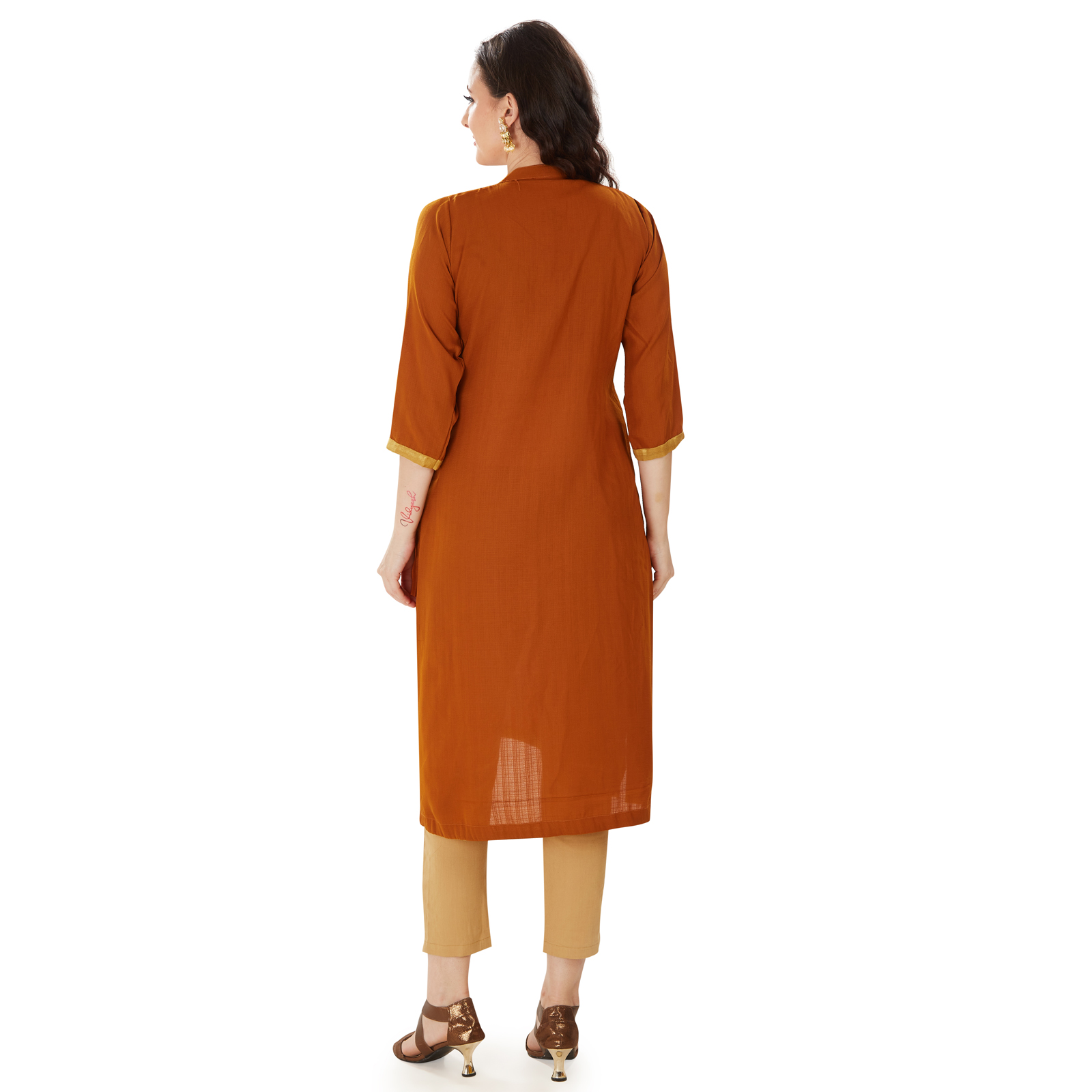 Rust Goldembroidered Crepe Maternity Kurta - Red - Image 5