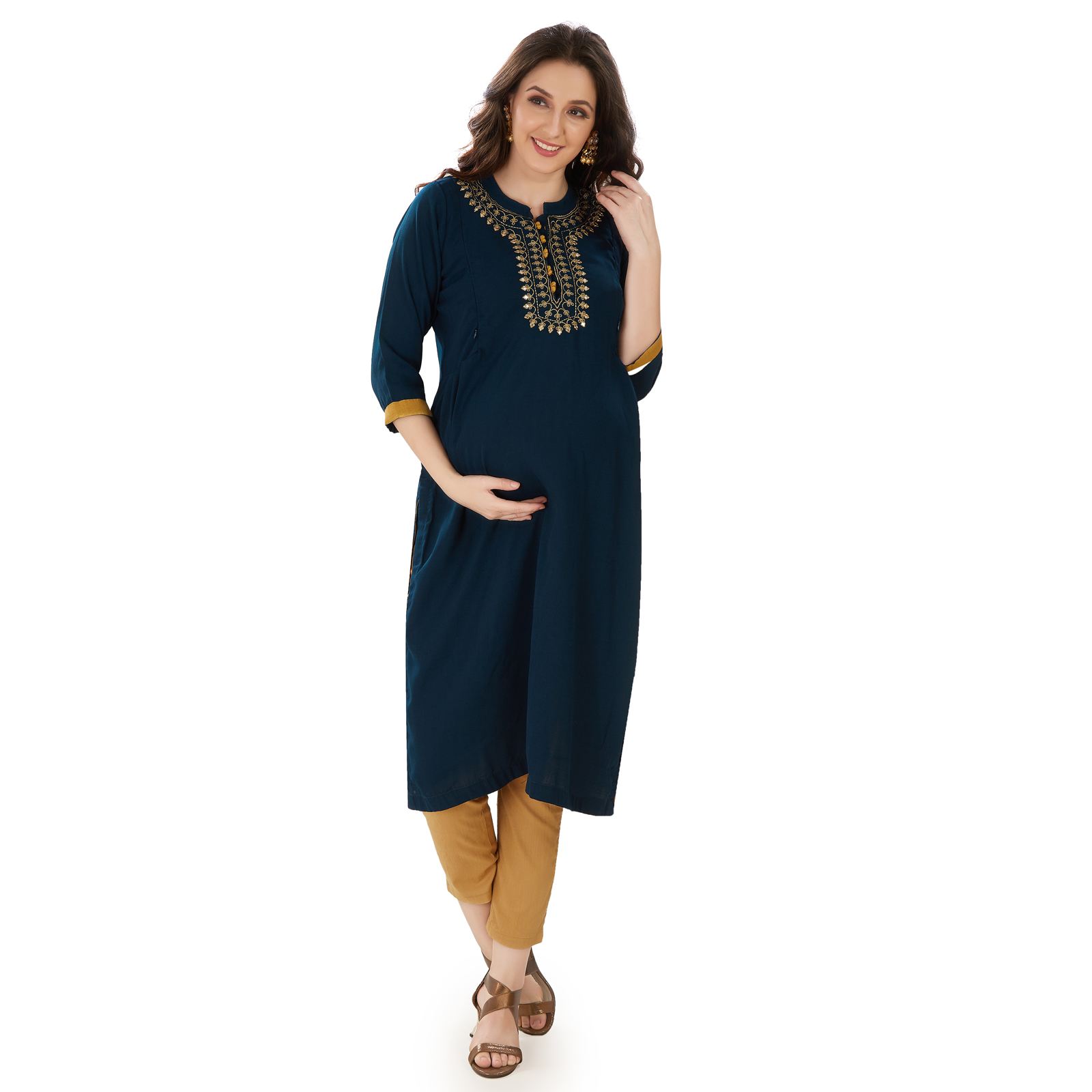 Teal Blue Goldembroidered Maternity Kurta - Blue