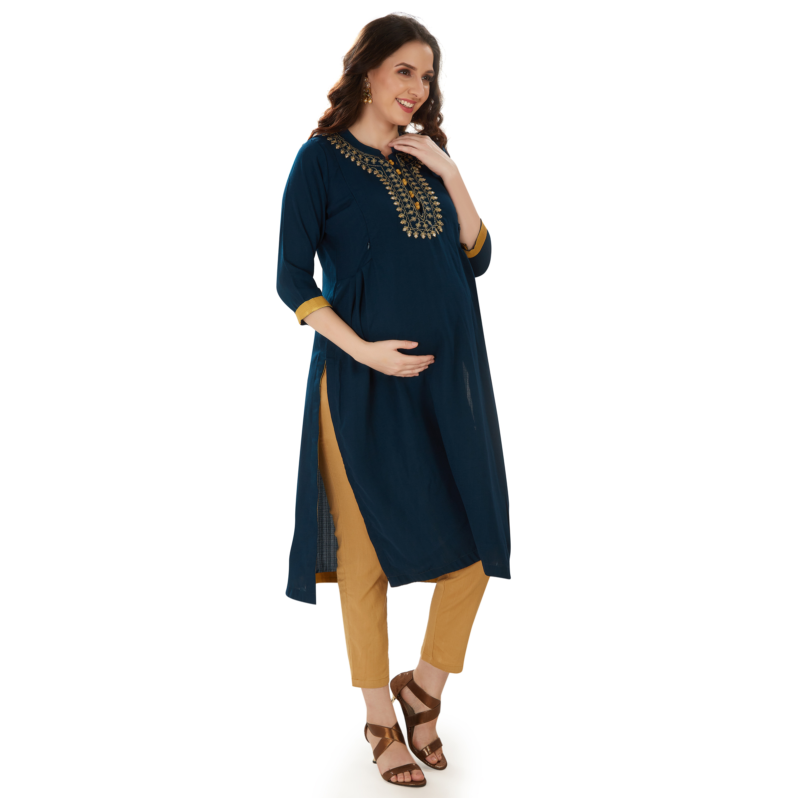 Teal Blue Goldembroidered Maternity Kurta - Blue - Image 2