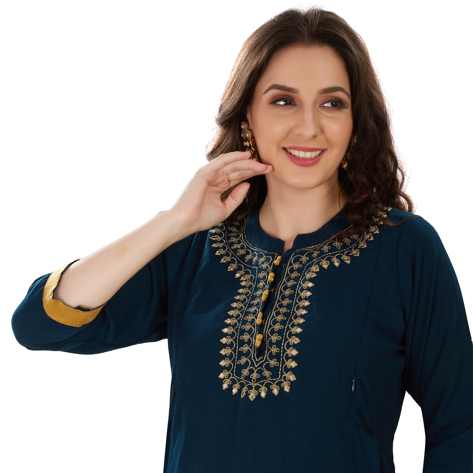 Teal Blue Goldembroidered Maternity Kurta - Blue - Image 3
