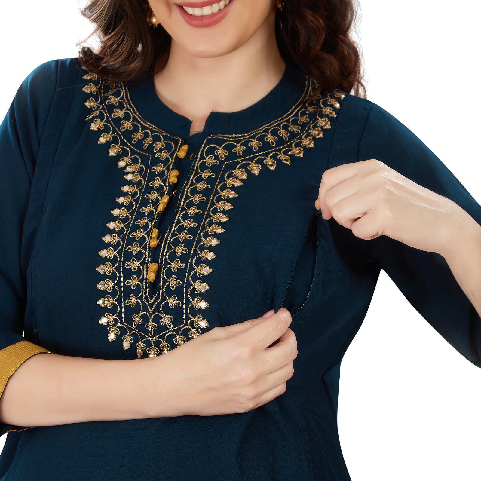 Teal Blue Goldembroidered Maternity Kurta - Blue - Image 4