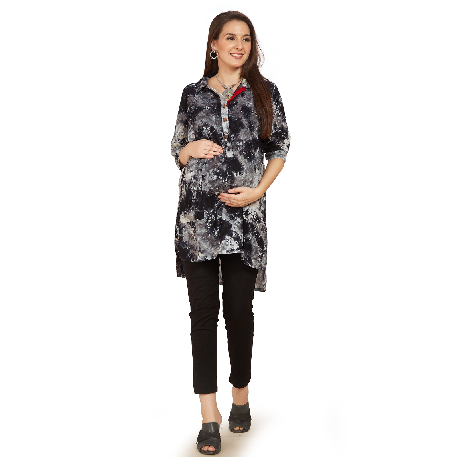 Black White Rayon Maternity Shirt - Black