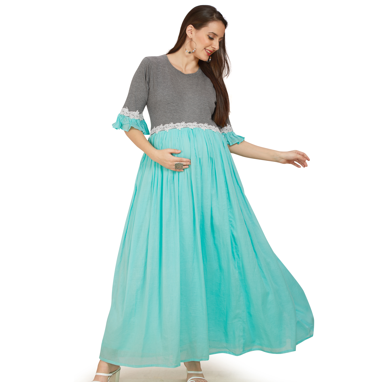 Sea Green Cotton Maternity Dress - Green