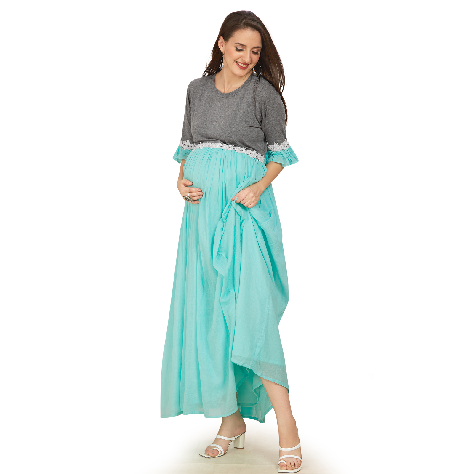 Sea Green Cotton Maternity Dress - Green - Image 2
