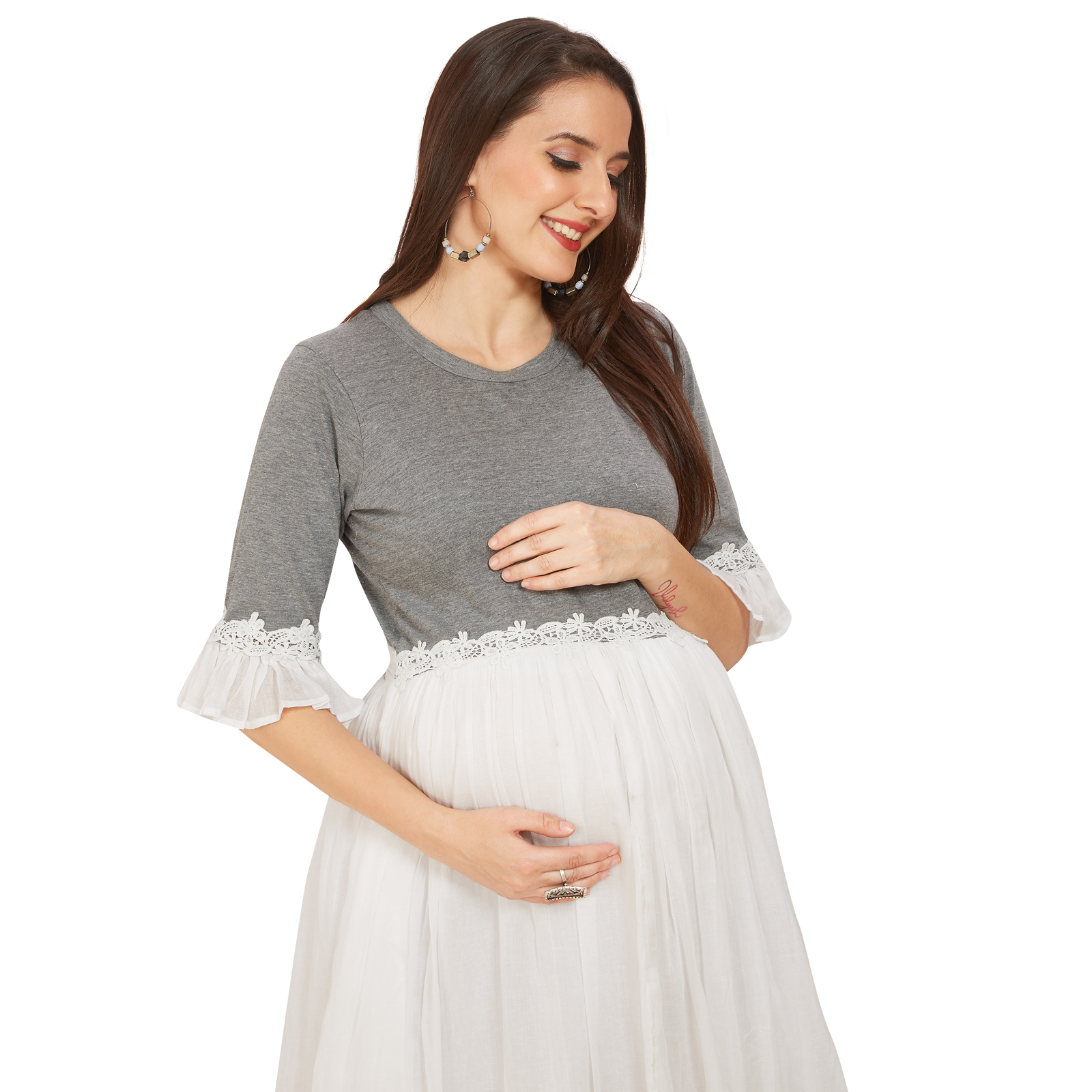 White Cotton Malmal Maternity Dress - White - Image 3