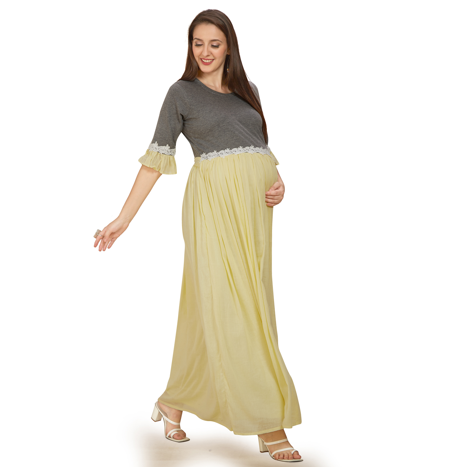 Yellow Cotton Malmal Maternity Dress - Yellow - Image 2